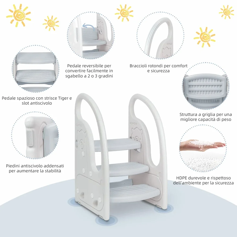 Scaletta gradini per bambini Sgabello a tre gradini Regolabile in Altezza Antiscivolo Grigio