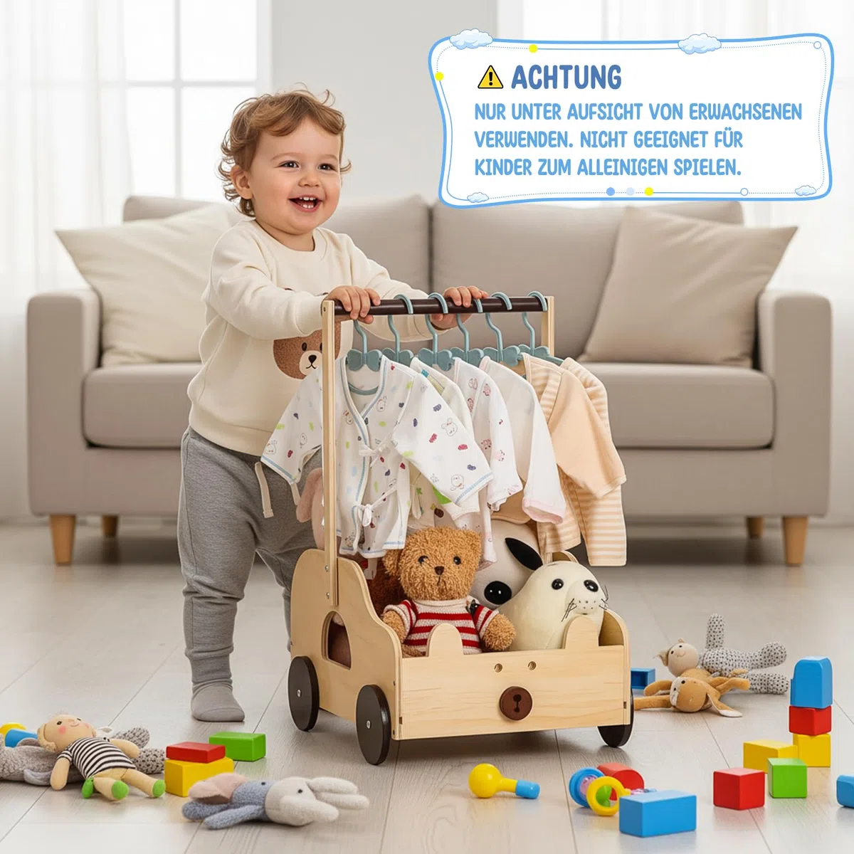 ONUEMP Cestino per bambini in legno con motivo orso, contenitore con ruote e maniglia, 40 x 30 x 58 cm, scatola regalo personalizzabile, per baby shower, legno naturale