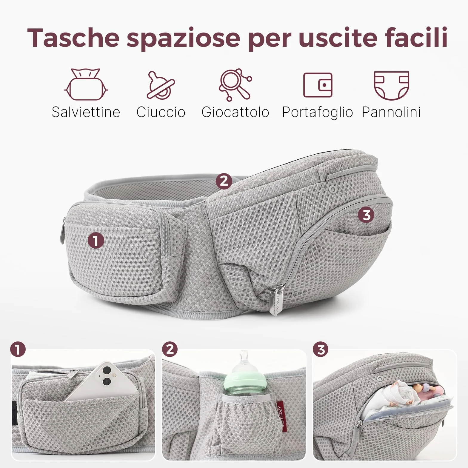 Momcozy Marsupio Neonato con Sede Anca 2 in 1, Portabebè Fronte Strada a Mani Libere fino a 20 kg, Marsupio Bambino 4 Stagioni con Cintura Regolabile fino a 115 cm,Grigio Air Mesh