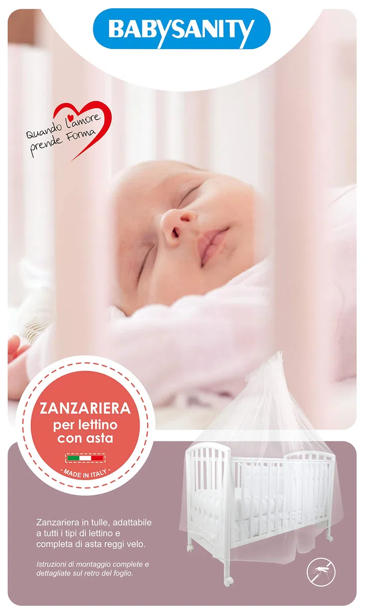 Baby Idea - Zanzariera Lettino Neonato con Supporto Asta con velo per Culla in Tulle Antistrappo Protezione Sicura da Zanzare, Insetti e Polvere Made In Italy (Bianca bordata in bianco)