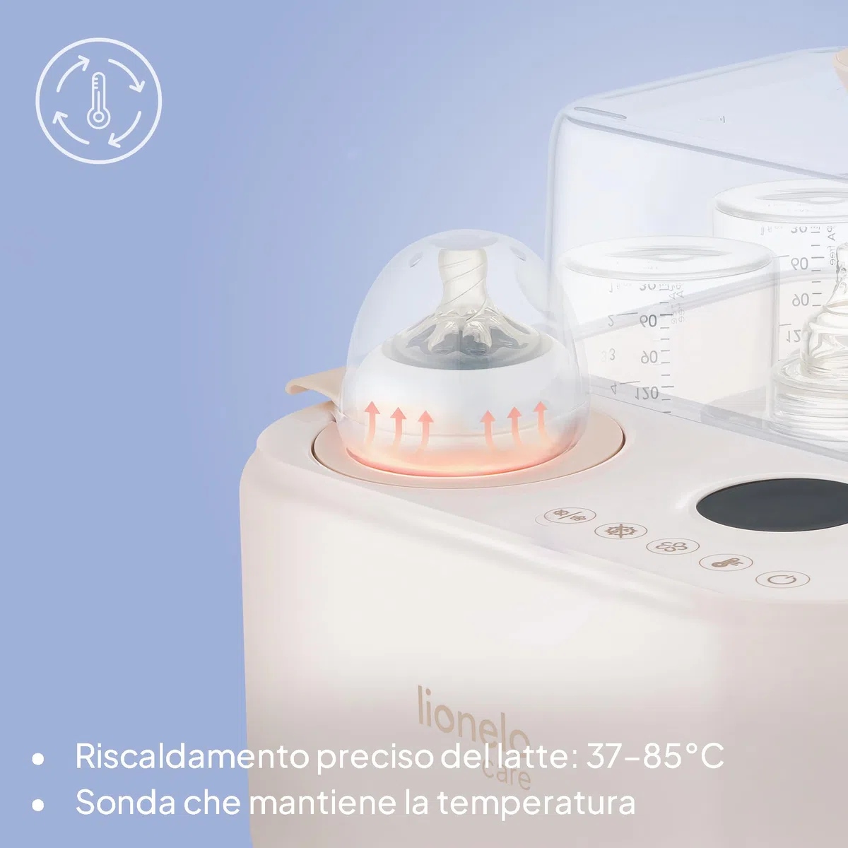 Lionelo STEAMUP Sterilizzatore Biberon 3 in 1 Elettrico, Sterilizzatore a Vapore con Asciugatura Automatica e Scaldabiberon, 99,99% Batteri, Pannello Touch, Auto Spegnimento, BPA Free, per 4 Biberon