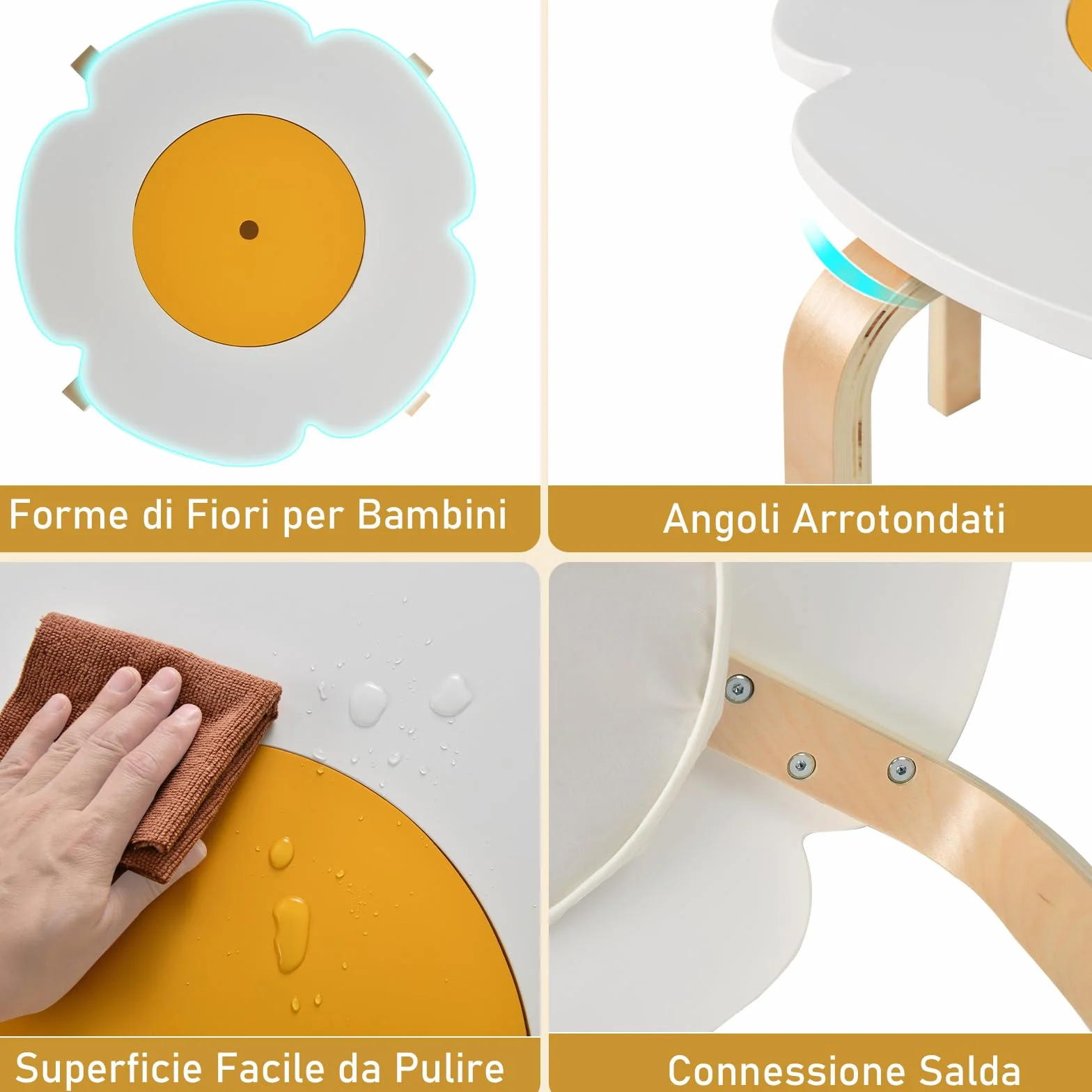 RELAX4LIFE Set Tavolo e Sedie per Bambini 5 Pezzi, Tavolo Attività in Legno a Forma di Fiore con 2 Sedie e 2 Sgabelli