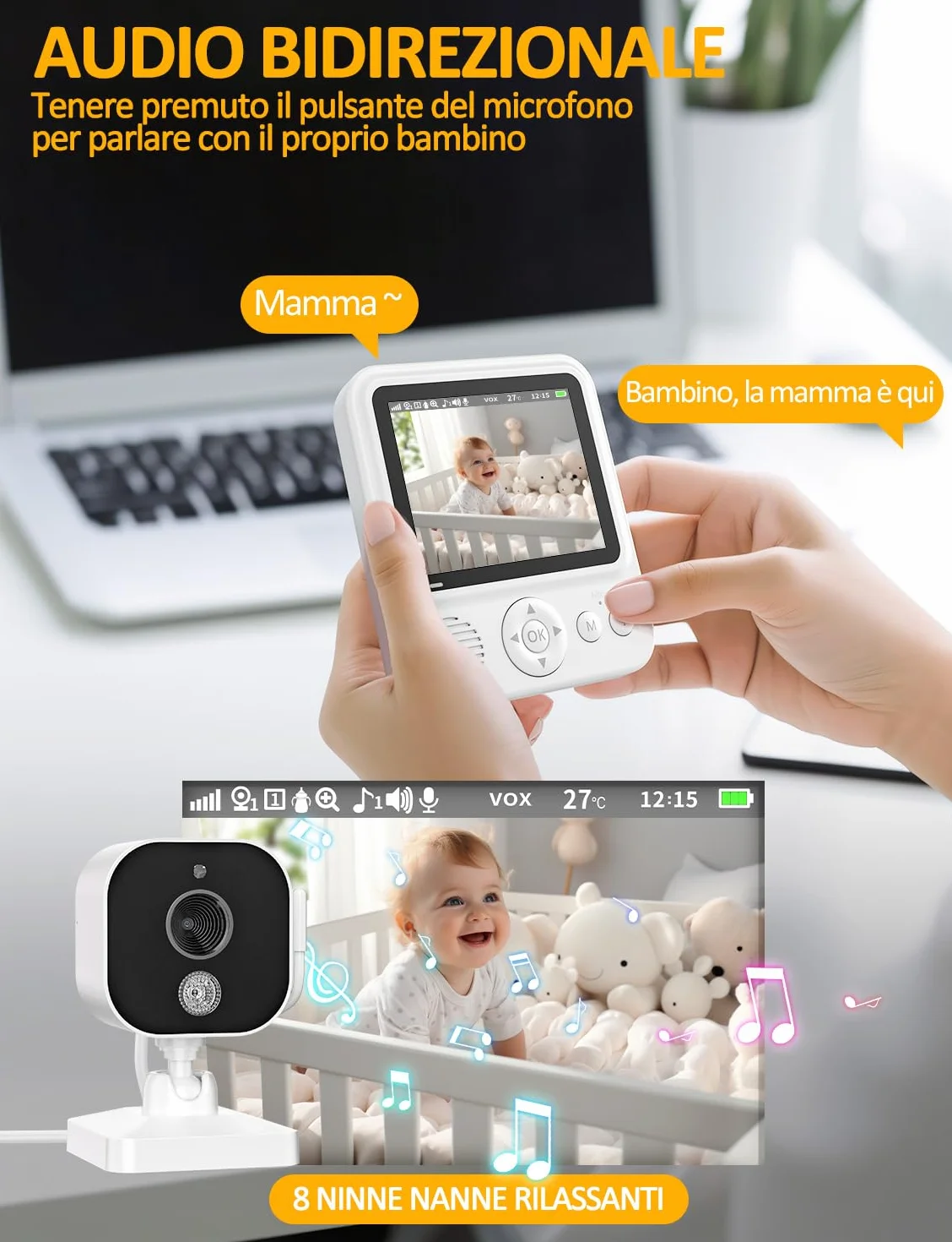 Baby Monitor Video e Audio 2,8" 720P LCD IPS 2000mAh USB-C con Zoom Digitale VOX Visione Notturna Comunicazione Bidirezionale