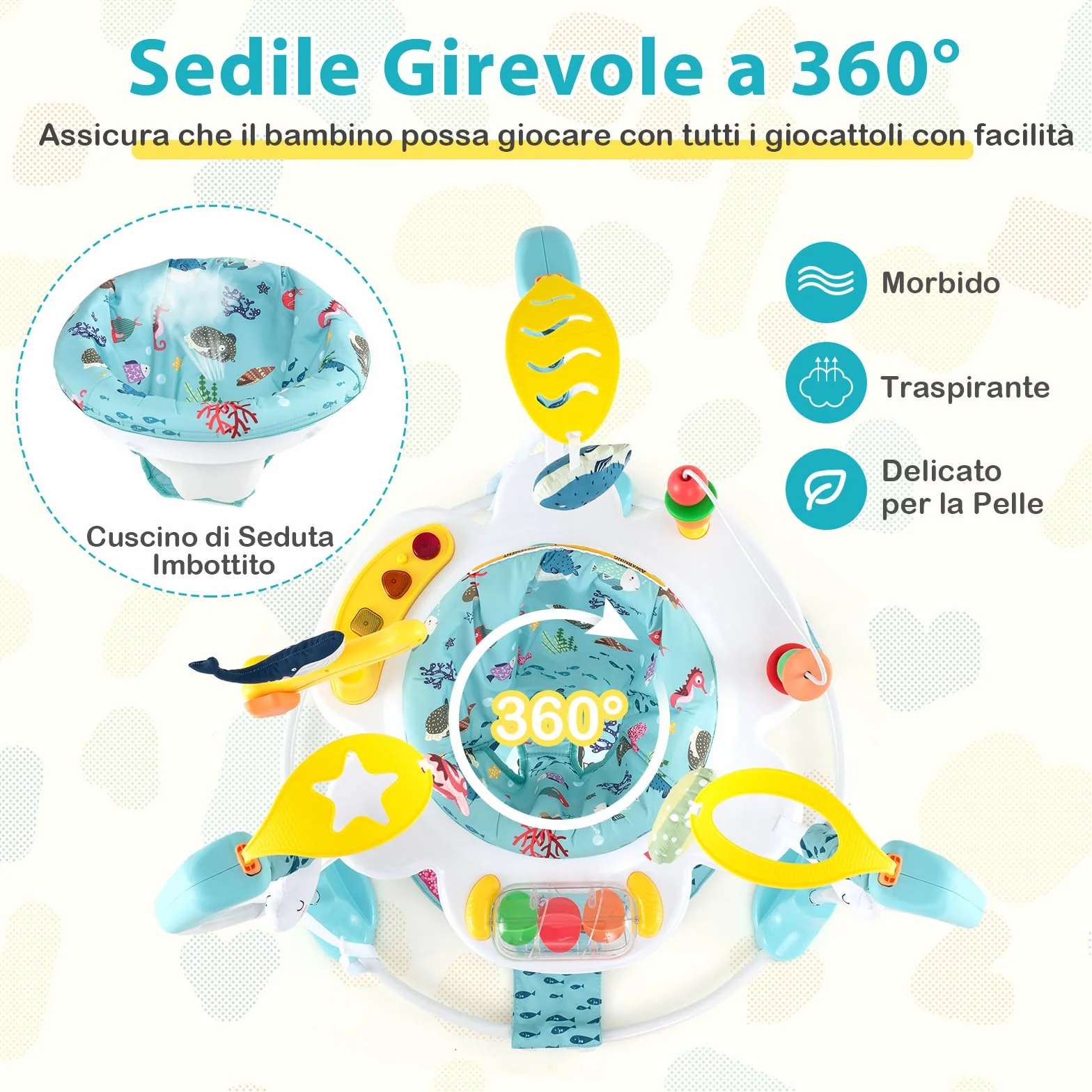COSTWAY Jumperoo per Bambini, Centro Attività Saltella con Altezza Regolabile, Sedile Girevole 360°, Luci e Suoni, 6+ Mesi, Azzurro