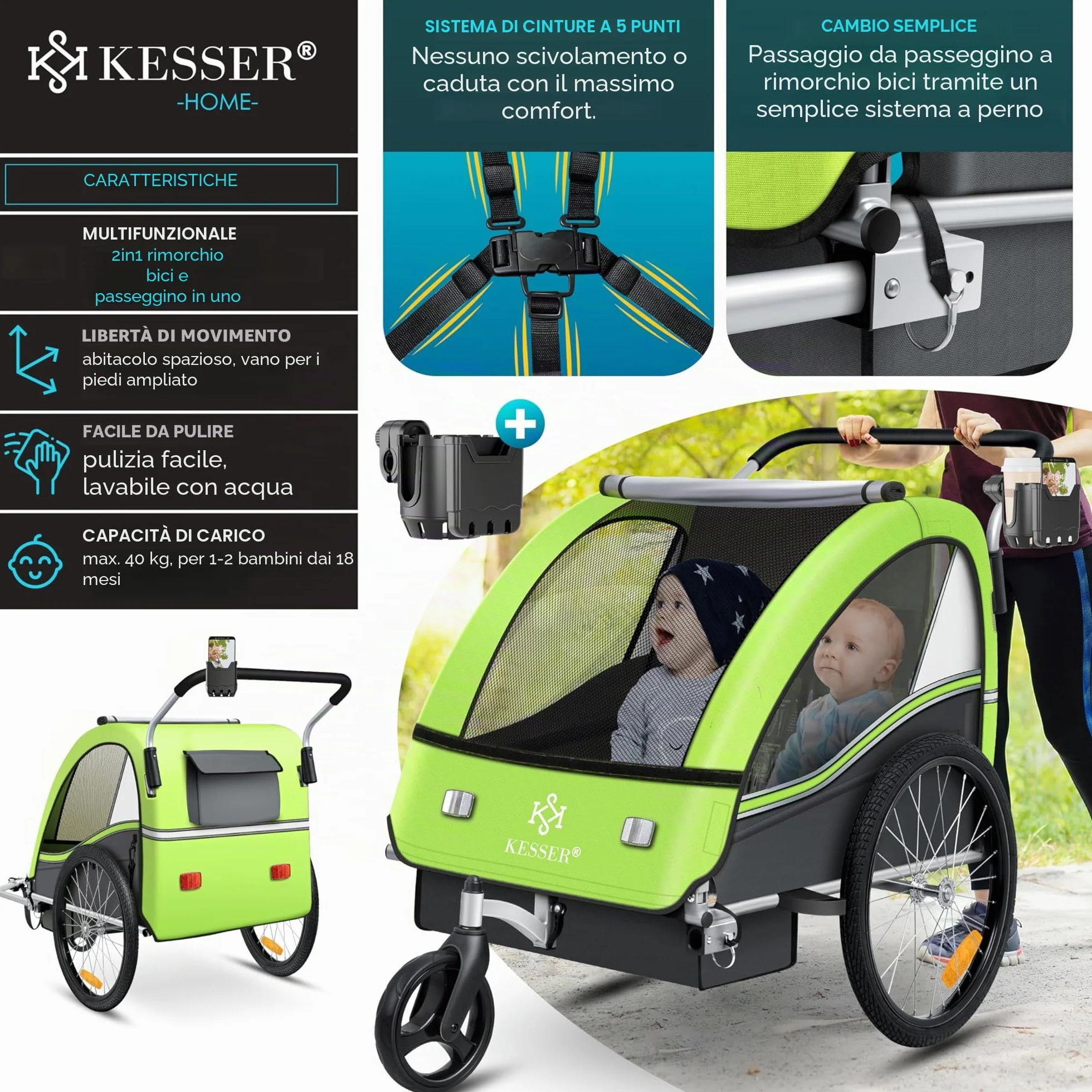 KESSER® Rimorchio per bambini da bicicletta Sport-RX 2 in 1 funzione jogging cintura di sicurezza a 5 punti ruota anteriore girevole 360°