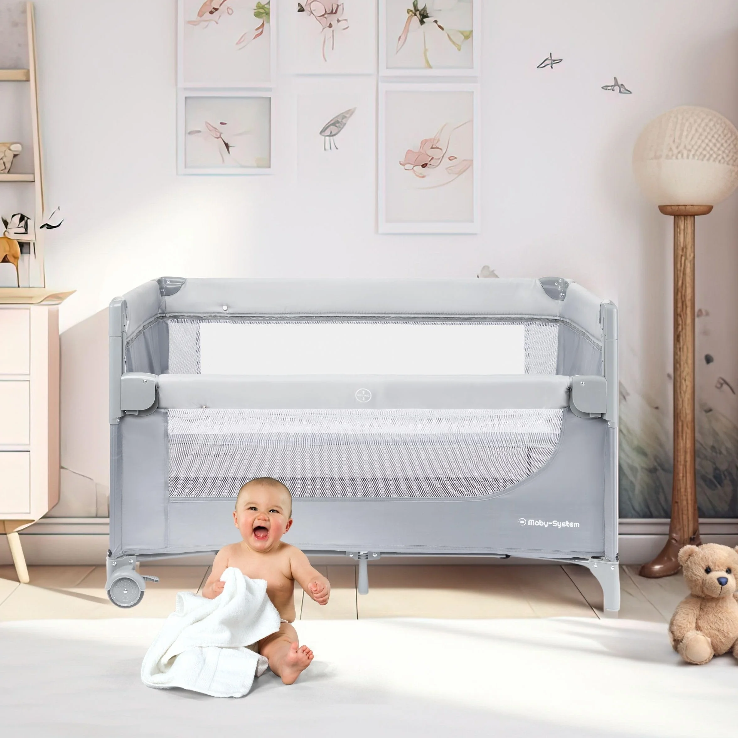 Moby-System Lettino da Viaggio 3 in 1 Box Bambini Recinto Neonati Fasciatoio Materasso Ruote Letto Pieghevole Regolabile 126x66cm Borsa Trasporto