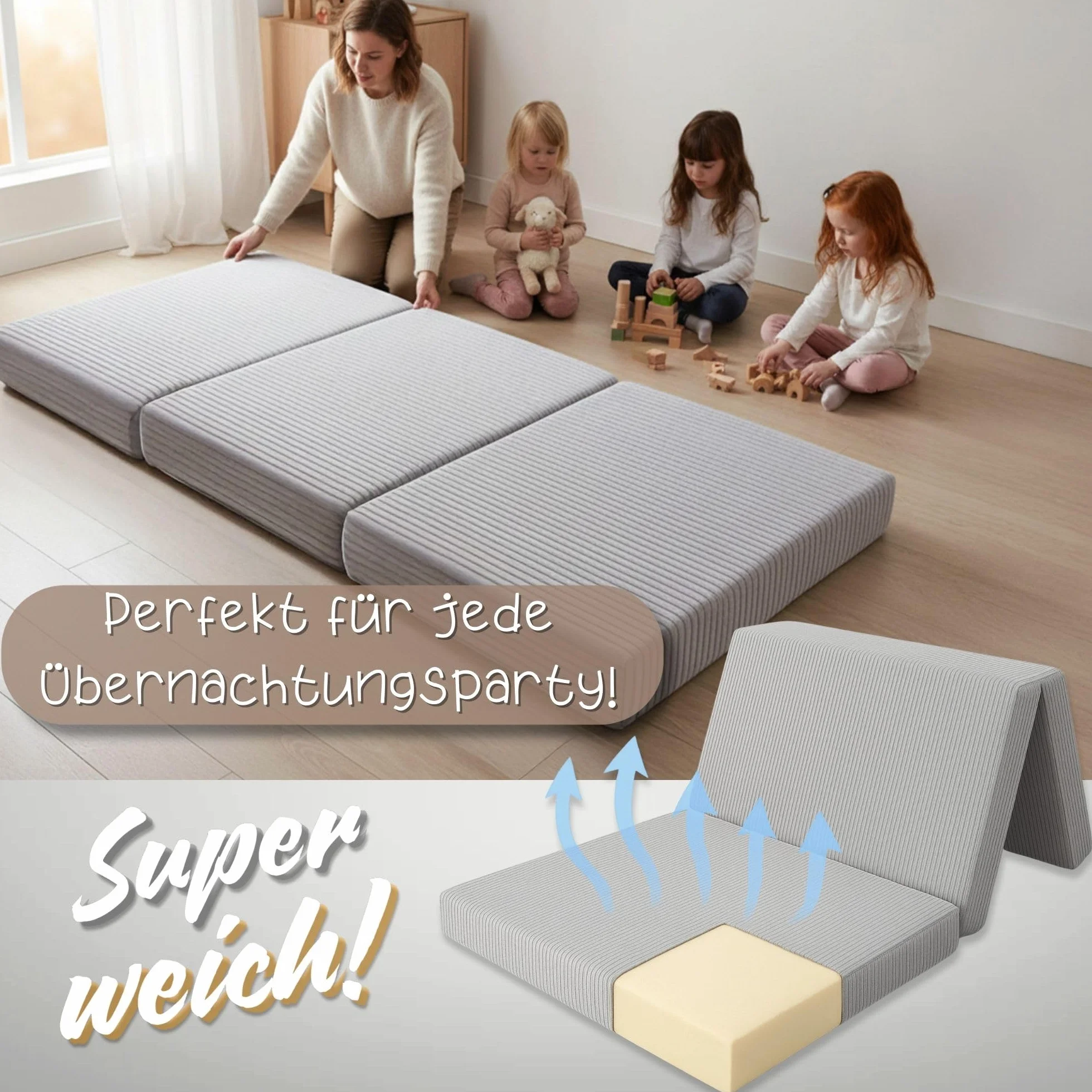 Materasso Pieghevole Bambini - 65x195 cm Brandina Ospiti Materassino da Pavimento Cameretta Materasso da Viaggio Compatto Leggero Rivestimento Sfoderabile Lavabile Oeko-Tex 65 x 195 Beige