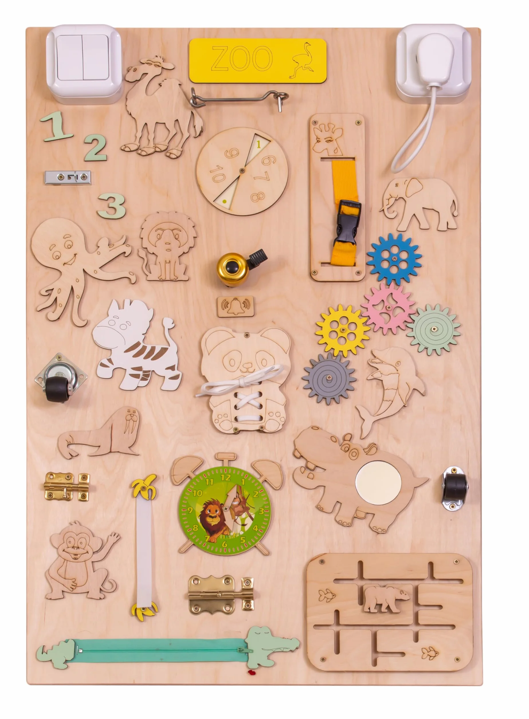 Leo - Quadro di attività sensoriale Montessori Busy Board in legno autoportante double face naturale Zoo 75 cm