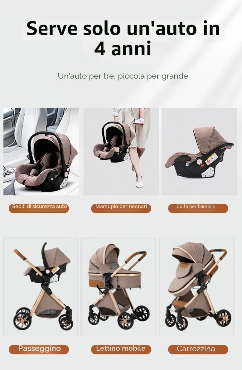 YAZOCO Passeggino Trio 3 in 1 Carrozzina Ovetto Pieghevole Set Viaggio Khaki