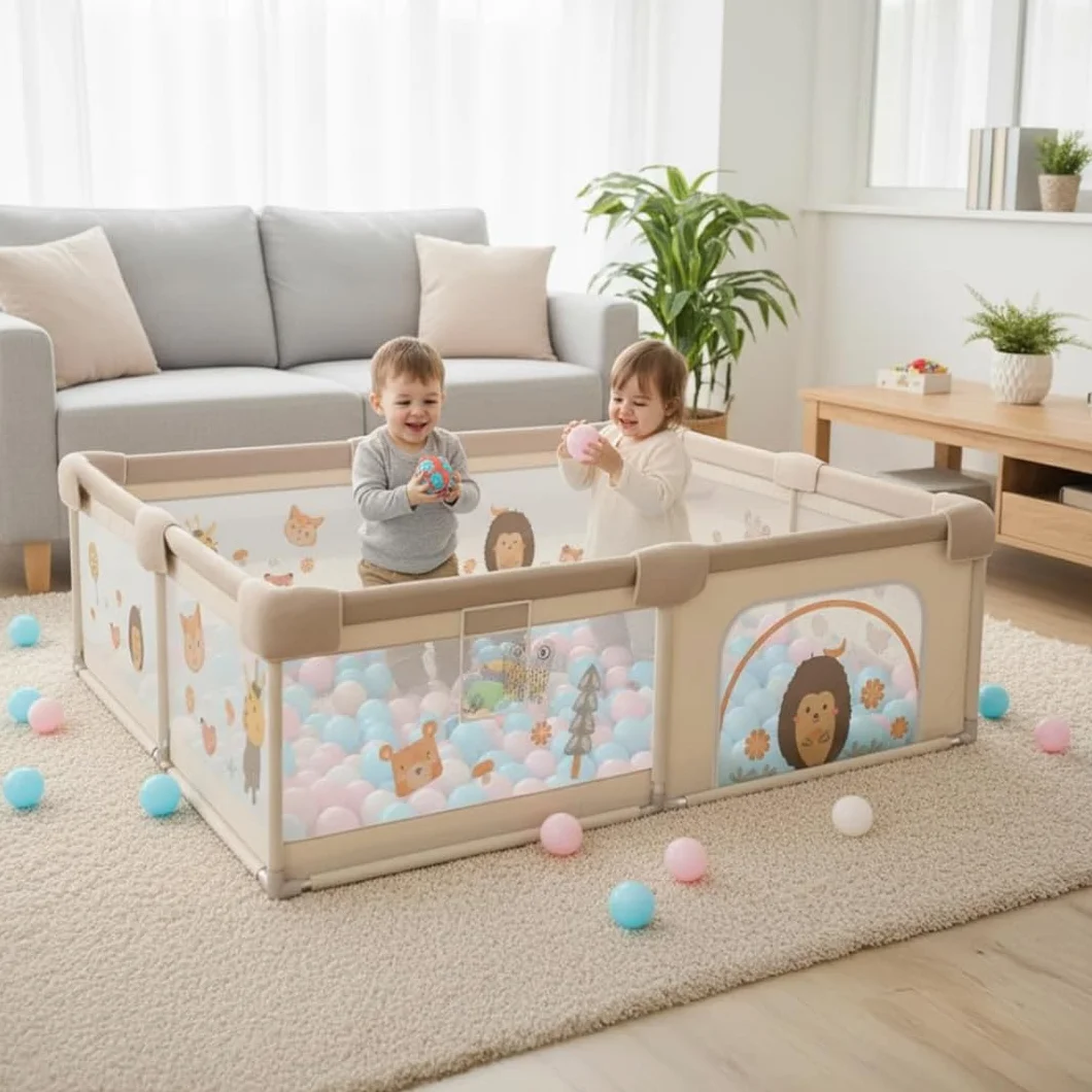 Box per bambini della foresta, 150 x 180 cm, con rete di animali, traspirante, tappetino imbottito + 60 palline, box pieghevole antiscivolo (120 x 120 cm, foresta)