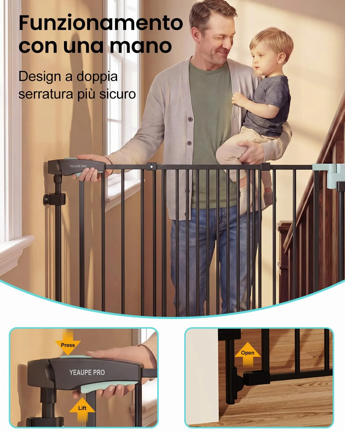 YEAUPE PRO Griglia di protezione per scale senza foratura, per bambini, 75 – 110 cm, telescopica, griglia di protezione per scale e porte, griglia di protezione per porte e cani, apertura manuale a 1
