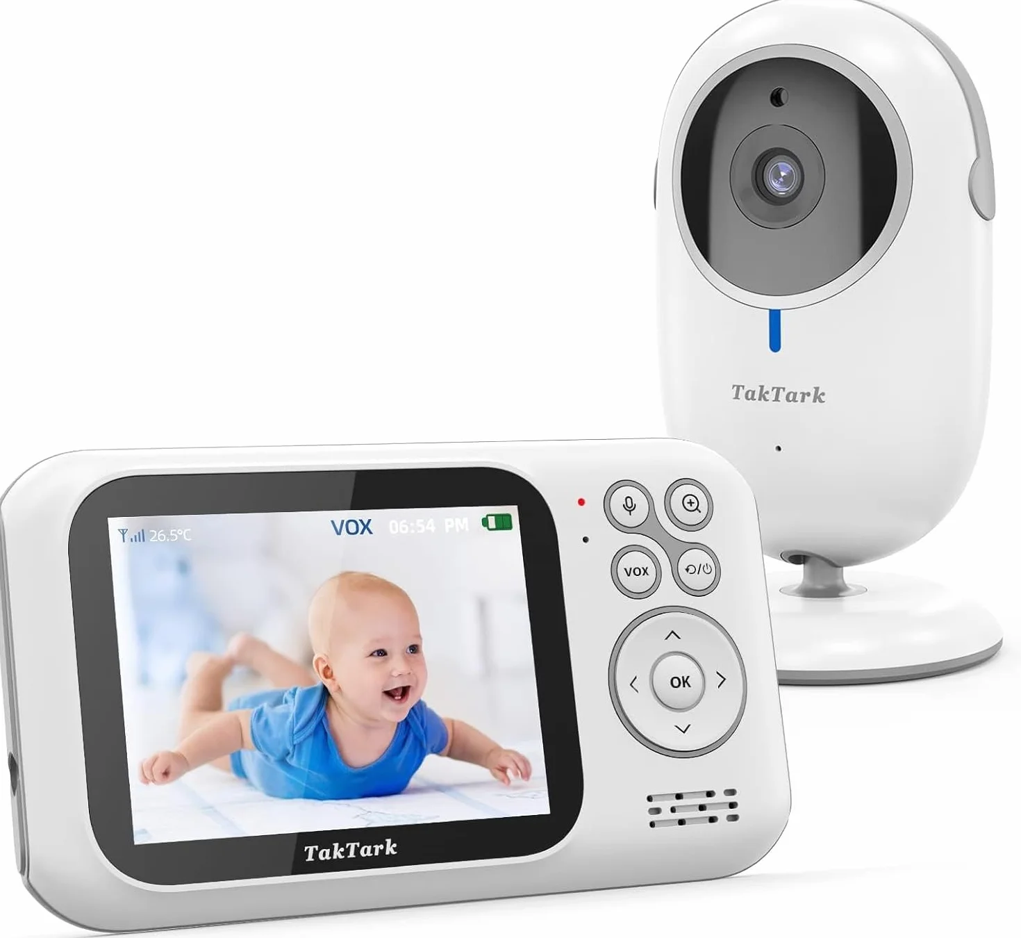 TakTark Baby Monitor Video e Audio, 3.2'' IPS 750mAh Telecamera Bambini con Monitor Video Baby Monitor Videocamera VOX, Visione notturna, Comunicazione Bidirezionale Sensore di temperatura