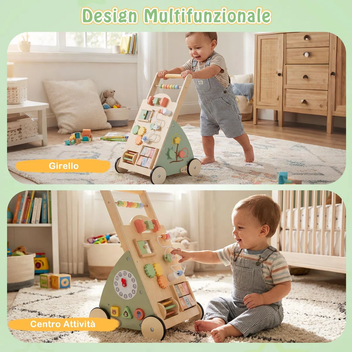 COSTWAY Carello Primi Passi in Legno per Bambini, Girello Montessori con Centro Attività, Ruote e Cestino Portaoggetti, Gioco Educativo per Bambini 12 + Mesi (Modello 5)