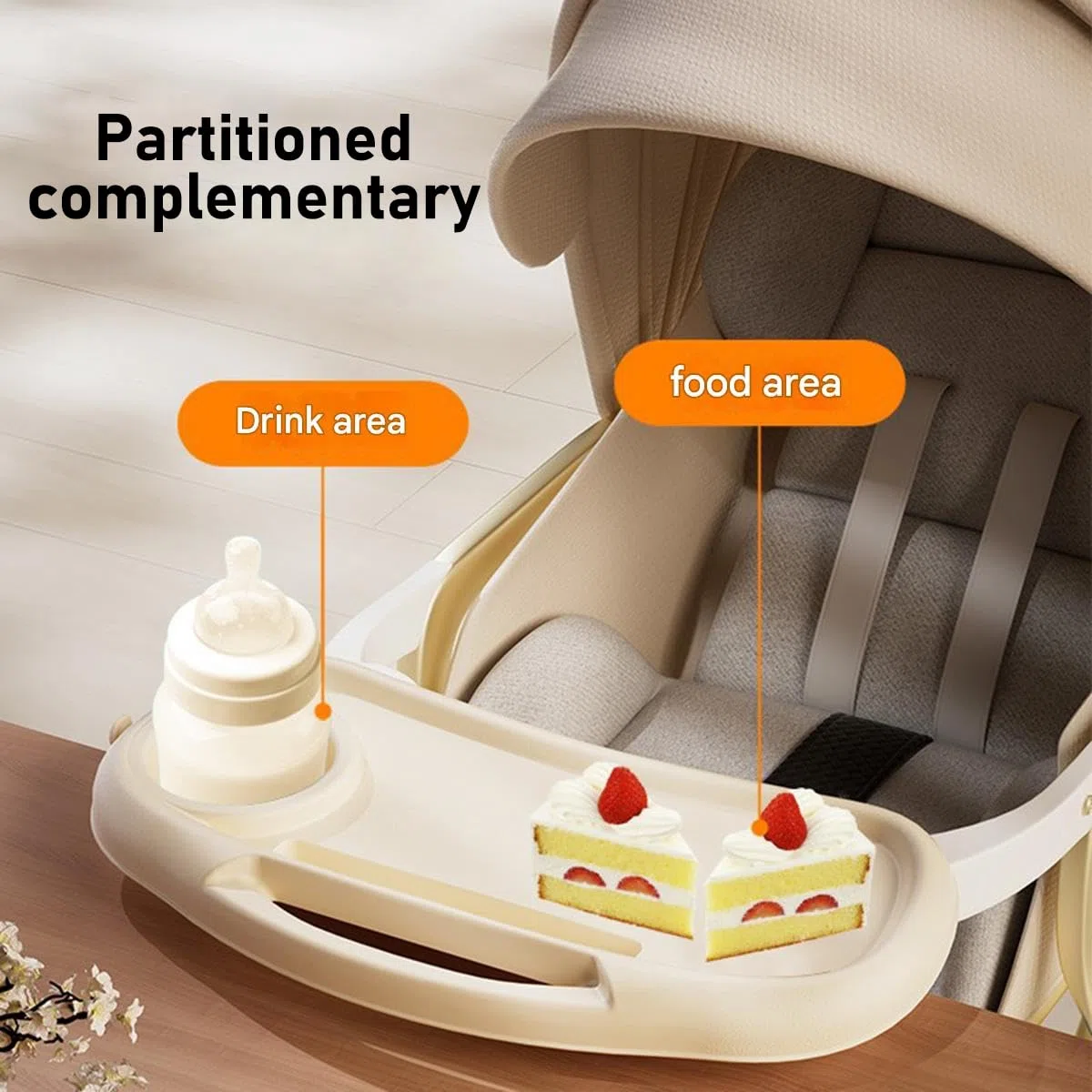 Vassoio per snack per passeggino con portabicchieri, 3 in 1, rimovibile, universale, regolabile, accessorio per passeggino, fissaggio sicuro (beige)