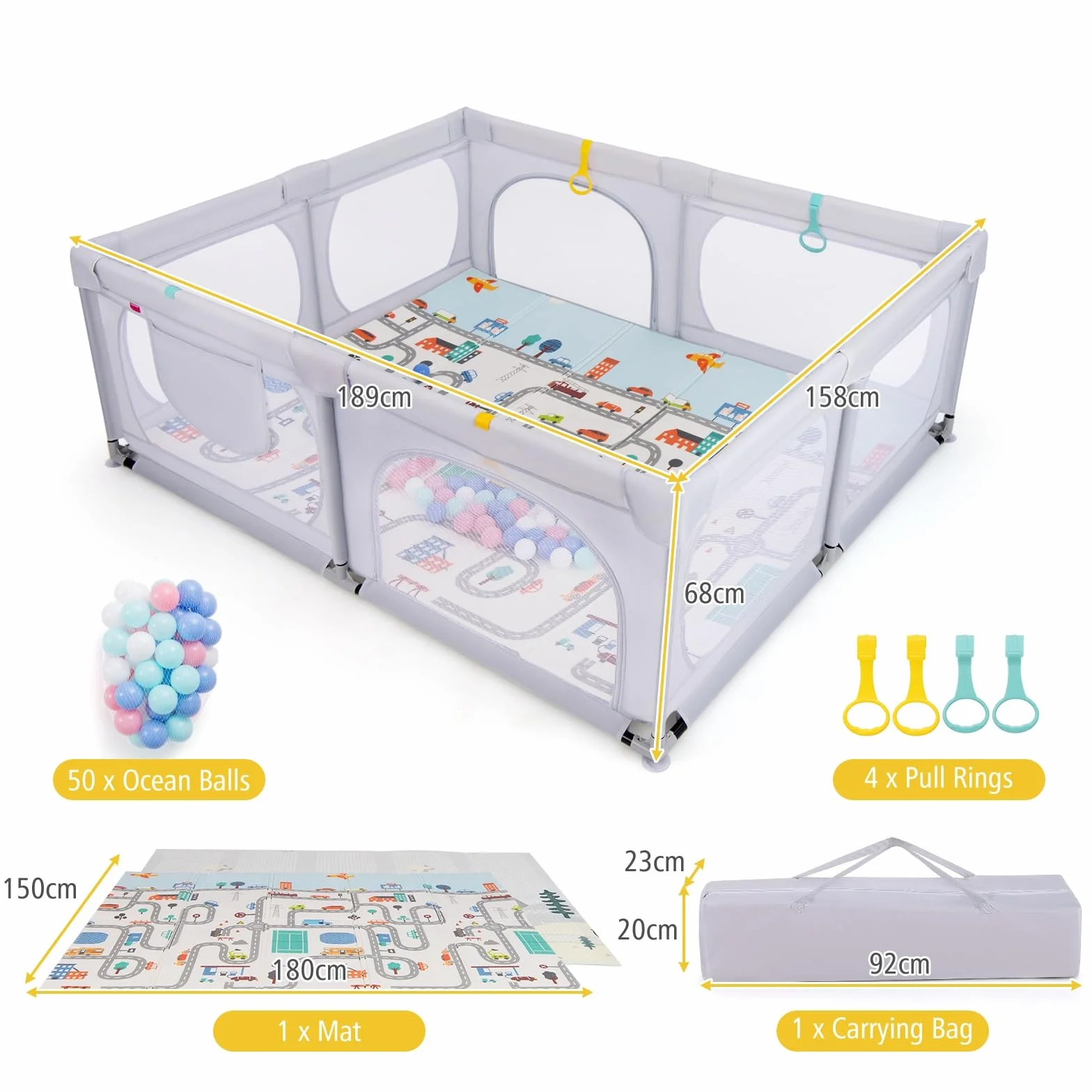 LIFEZEAL Recinto Bambini con Tappeto Gioco, 189x158cm, Box Neonato con Materassino, Box Bimbo 0~36 Mesi con Borsa, Anelli e Palline Colorate, Recinto Neonati in Rete Traspirante (grigio chiaro)