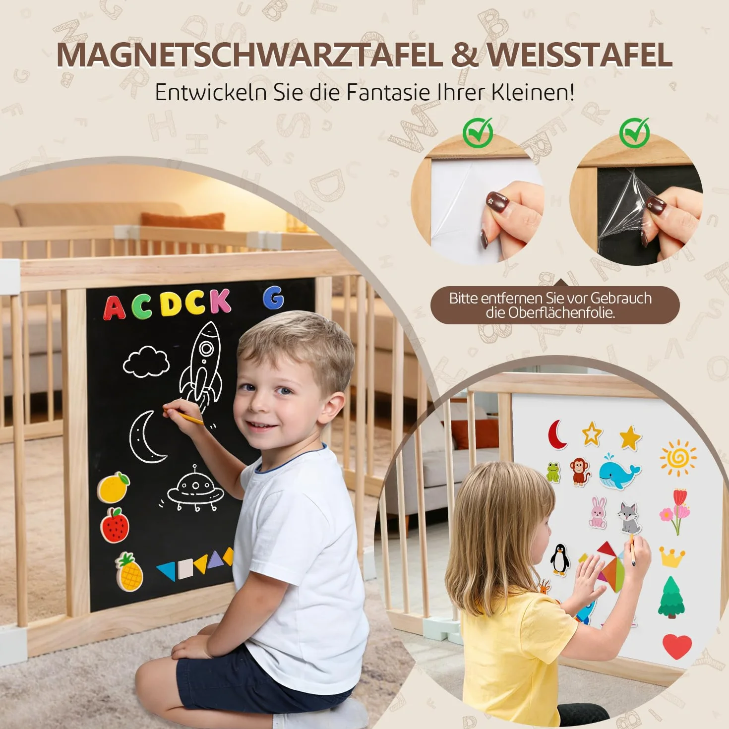 Box Bambini in Legno, Grande Recinto per Bambini Pieghevole con Porta, Regolabile Dimensioni&Forma, Portatile, Lavagna, Montessori Tavola dei Giocattoli, Sicurezza Centro Attività Espandibile