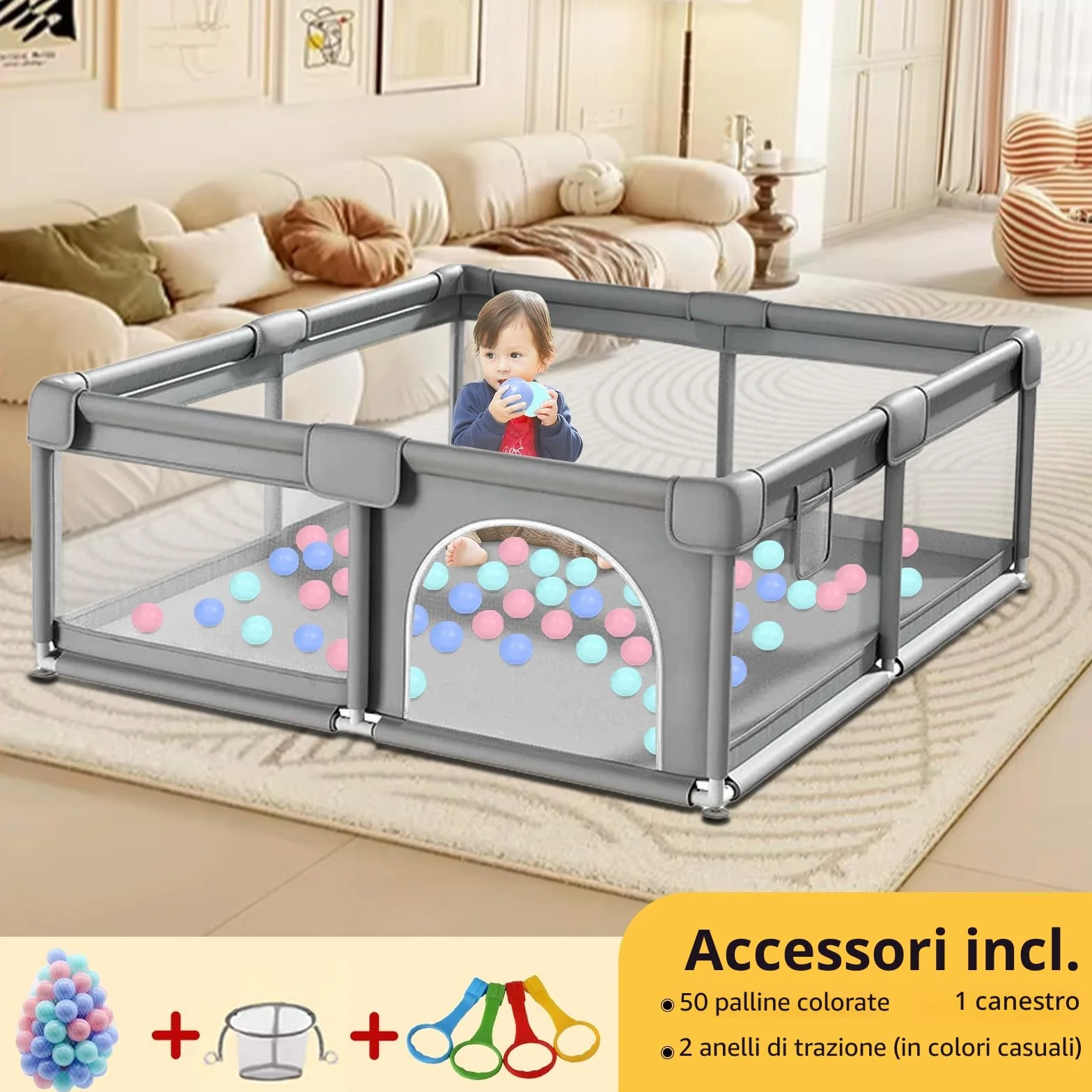 Recinto Gioco Pieghevole 160×120 cm Grigio per Neonati | Dotato di sacco portapalle e anelli tira su, pratico e sicuro per bambini