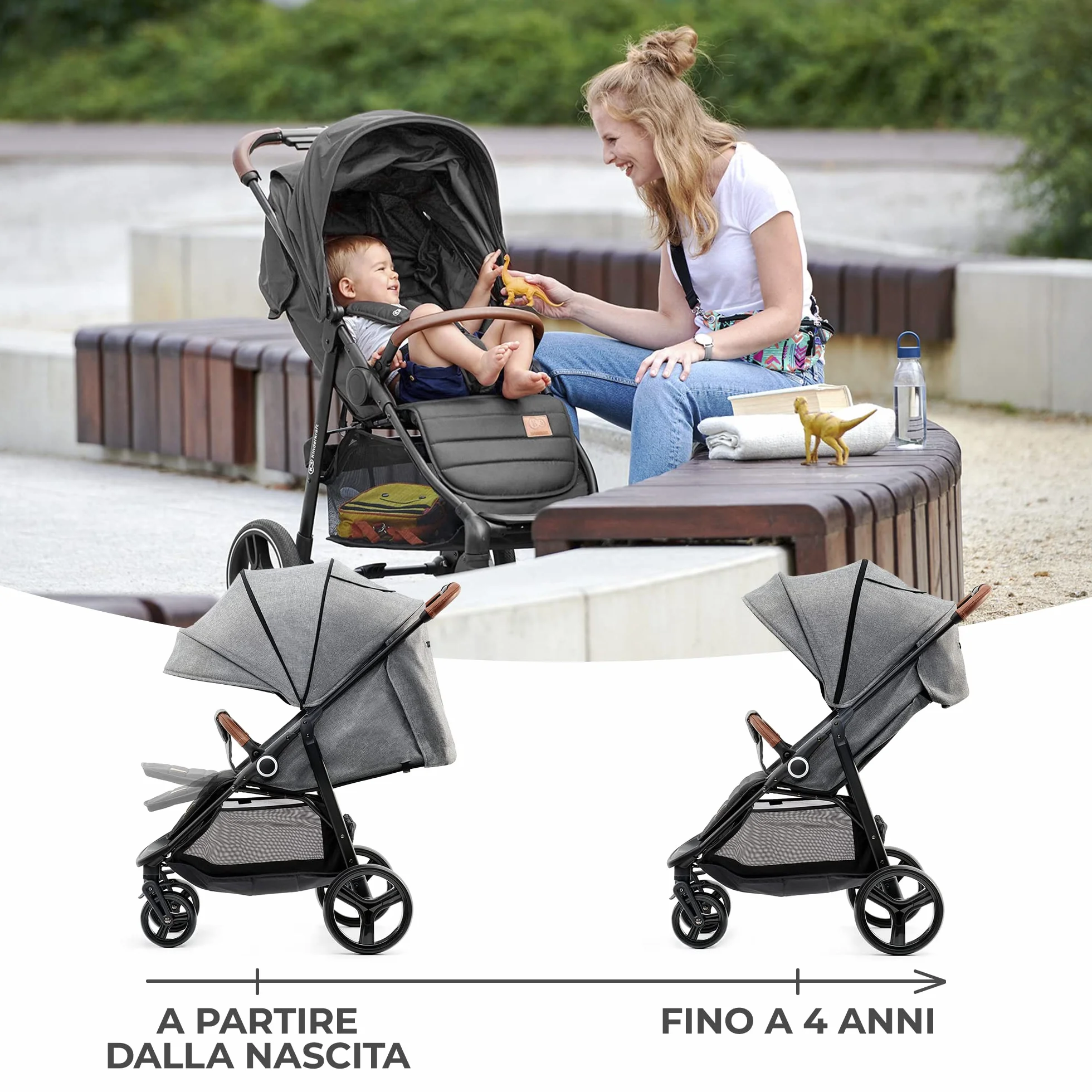 Kinderkraft GRANDE PLUS Passeggino Leggero 22 kg Pieghevole una Mano Cappottina XL Grigio