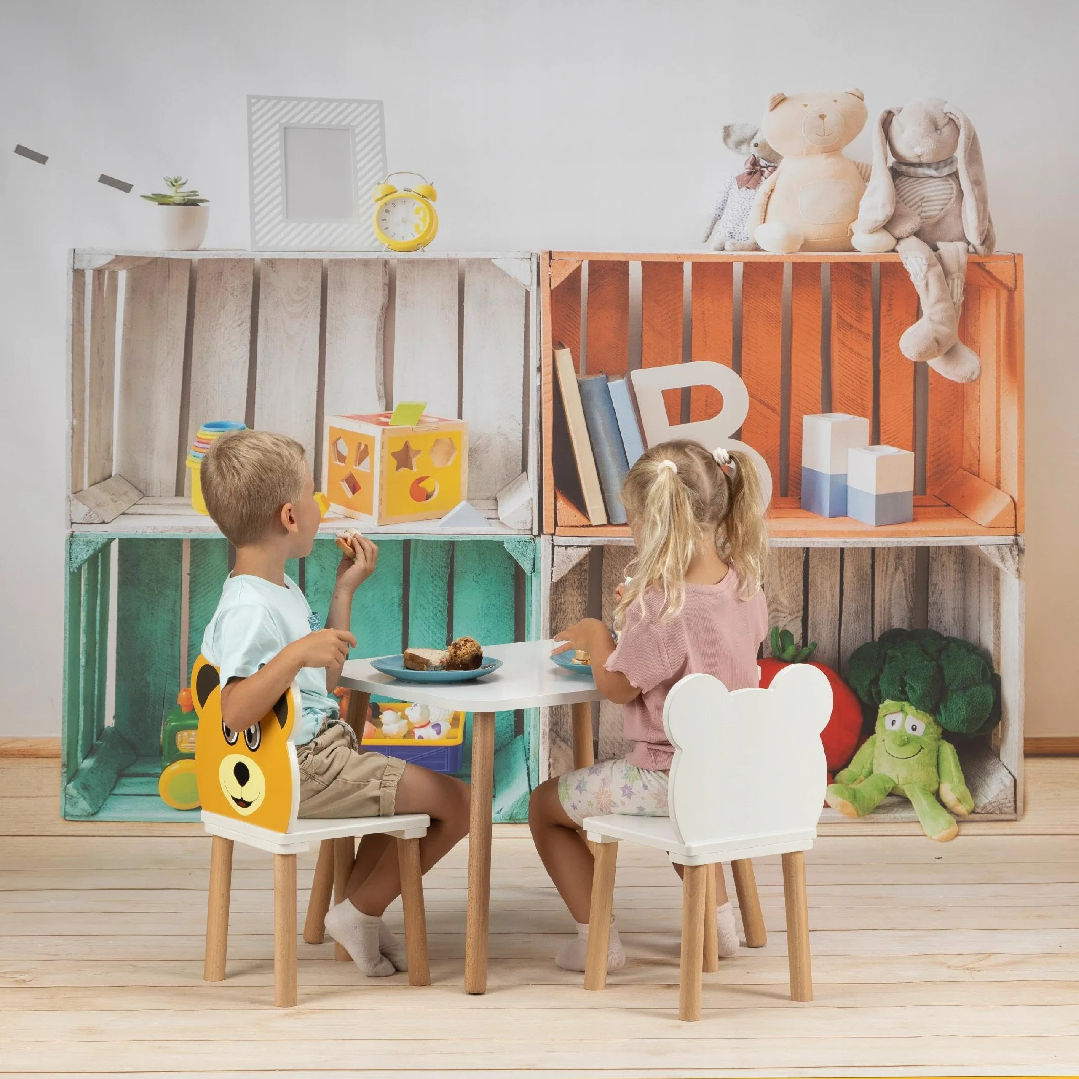 Set tavolo per bambini + 2 sedie orso 70×50×47 cm MDF legno naturale bordi arrotondati stabile 3-7 anni