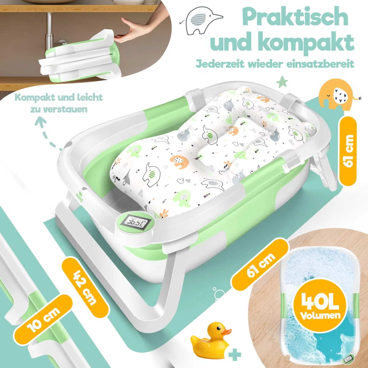 KIDIZ Vasca da bagno per bambini | Navicella salvaspazio e pieghevole | Piatto doccia per neonati da 0 a 24 mesi | Doccia da viaggio portatile per bambini | Bathtub ergonomico con termostato e cuscino