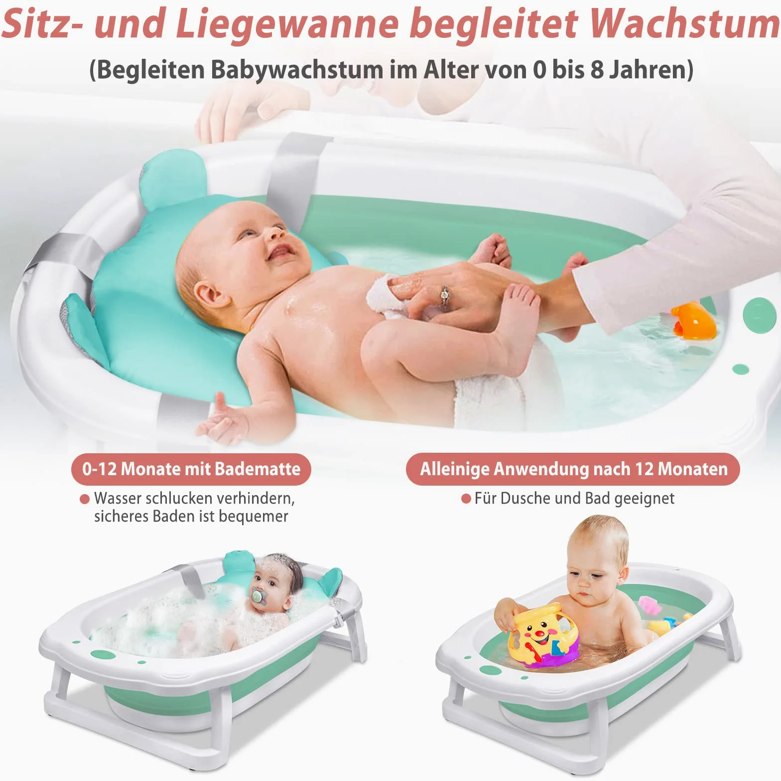 Froadp Vasca da bagno pieghevole 82 x 50 x 20 cm con fori di drenaggio e cuscino antiscivolo per neonati e bambini (verde, con cuscino da bagno)
