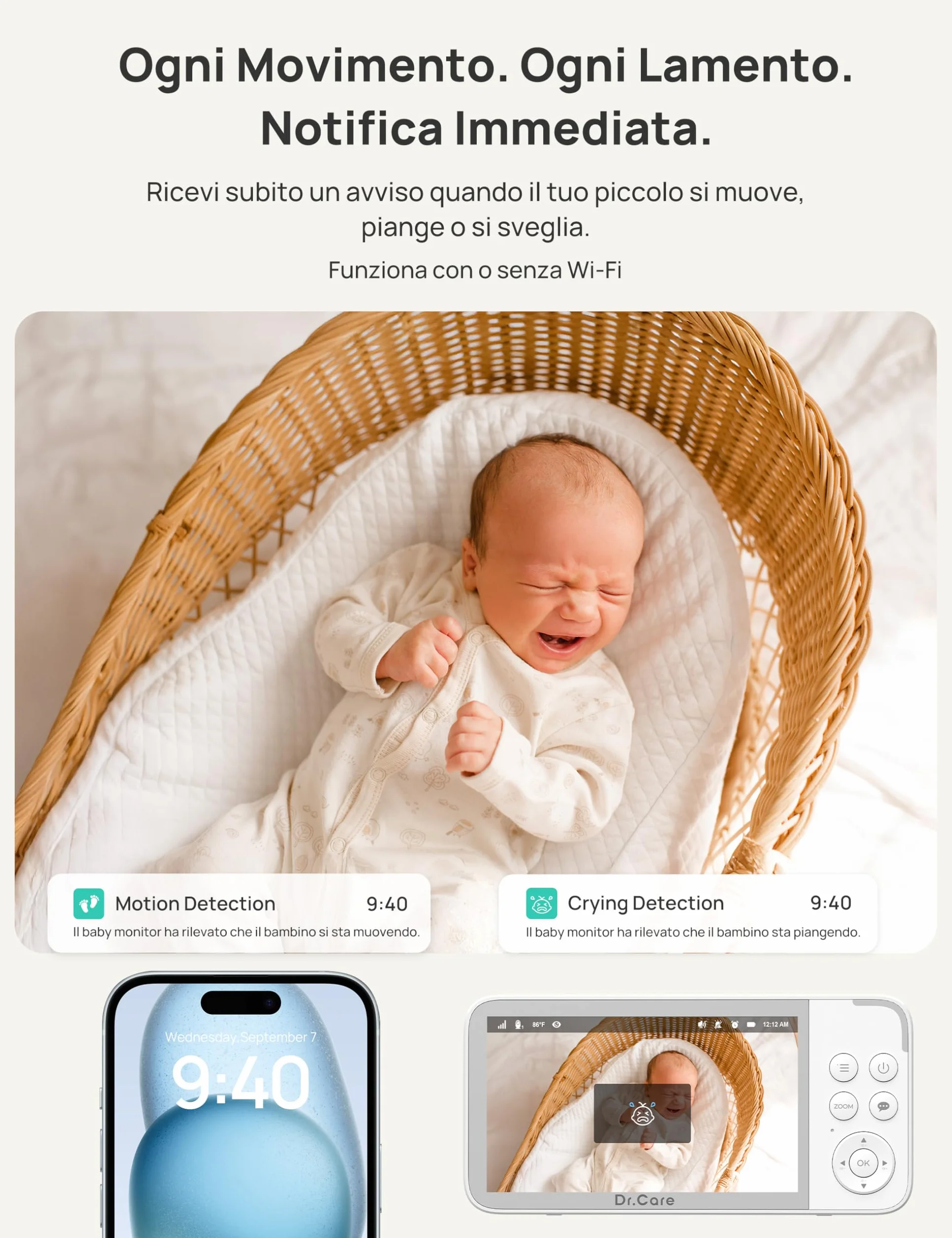 Dr.Care VistaView Baby Monitor WiFi 5” 1080P Schermo Diviso 2K/3MP Telecamera APP Mobile 5000mAh Batteria HD Visione Notturna Allarmi Pianto Movimento Audio Bidirezionale 390m
