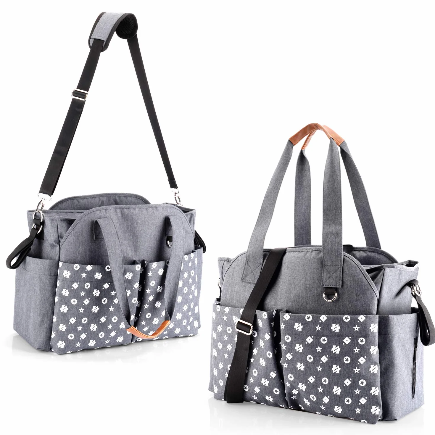 Homlynn Borsa a tracolla per cambio pannolino, borsa messenger da viaggio con cinghie per carrozzina, 12 tasche, grigio classico