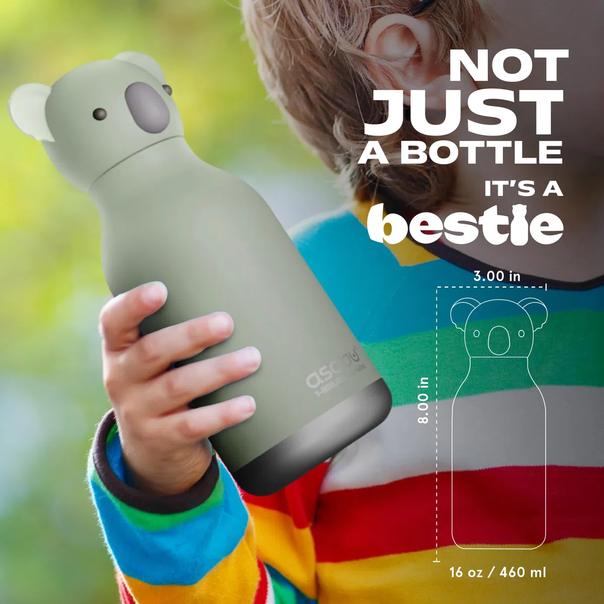 asobu Bestie - Borraccia isolata in acciaio inox, con morbida testa di animale rimovibile, per bambini e ragazzi, con cannuccia flessibile riutilizzabile (coala)