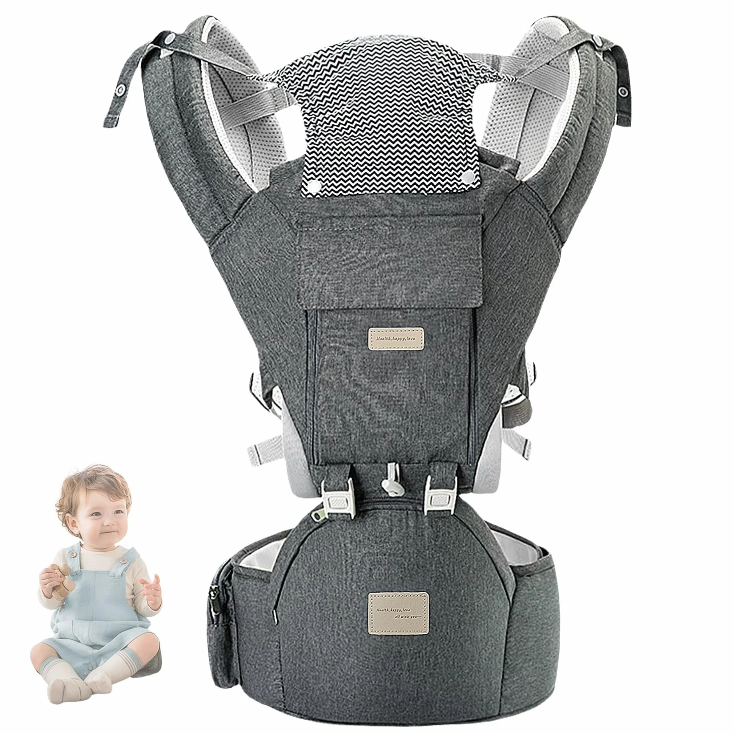 Marsupio per neonati dalla nascita per 3 – 36 mesi, in cotone, ergonomico, con seggiolino per bambini, morbido e traspirante, per viaggi, passeggiate, utilizzabile tutto l'anno (grigio)