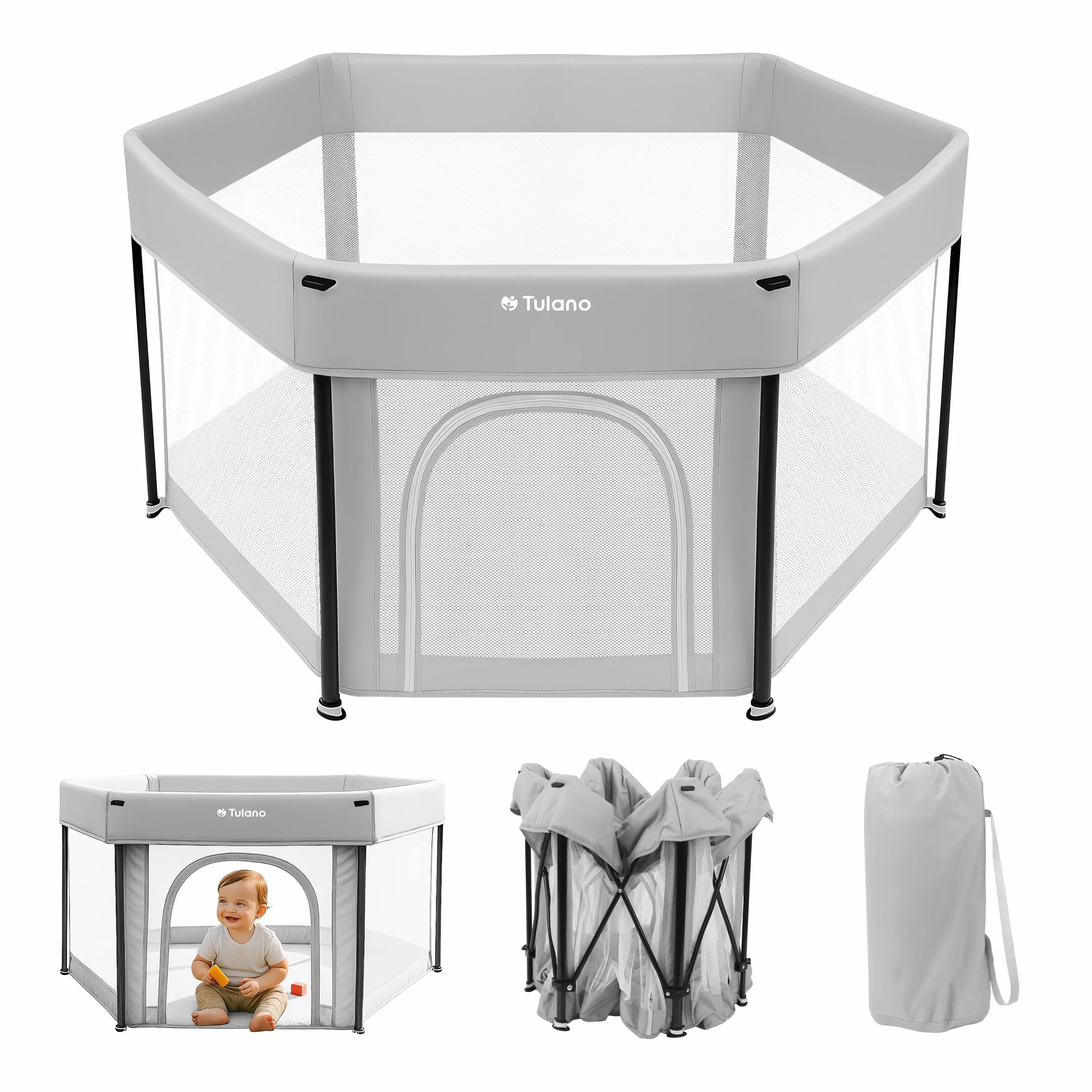 Tulano Cozy 30 Box per Bambini 125x125 cm – da 6 a 36 mesi – Recinto Neonato con Fondo – Struttura in Metallo – Rete Traspirante – Porta con Cerniera – Borsa Inclusa – Casa e Giardino – Grigio