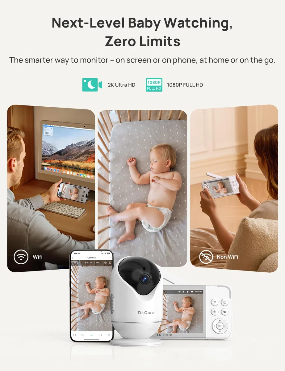 Dr.Care VistaView Baby Monitor WiFi 5” 1080P Schermo Diviso & 2 Telecamere 2K, Visione Notturna HD, Allarmi Pianto e Movimento, Audio Bidirezionale, Batteria 5000mAh, Sicurezza Tripla, Portata 390m
