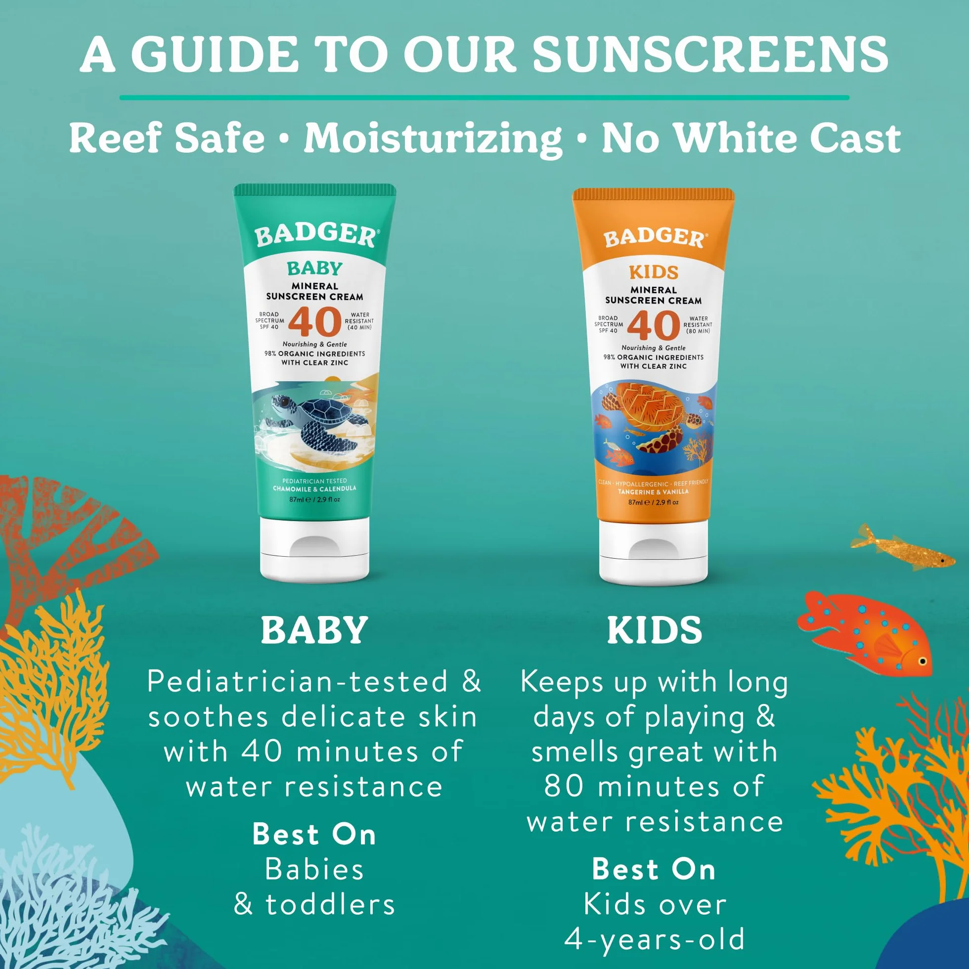 Badger SPF 40 Baby Sunscreen Cream - Reef-Friendly Broad-Spectrum Water-Resistant Baby Sunscreen with Zinc Oxide - Chamomile and Calendula, 2,9 oz