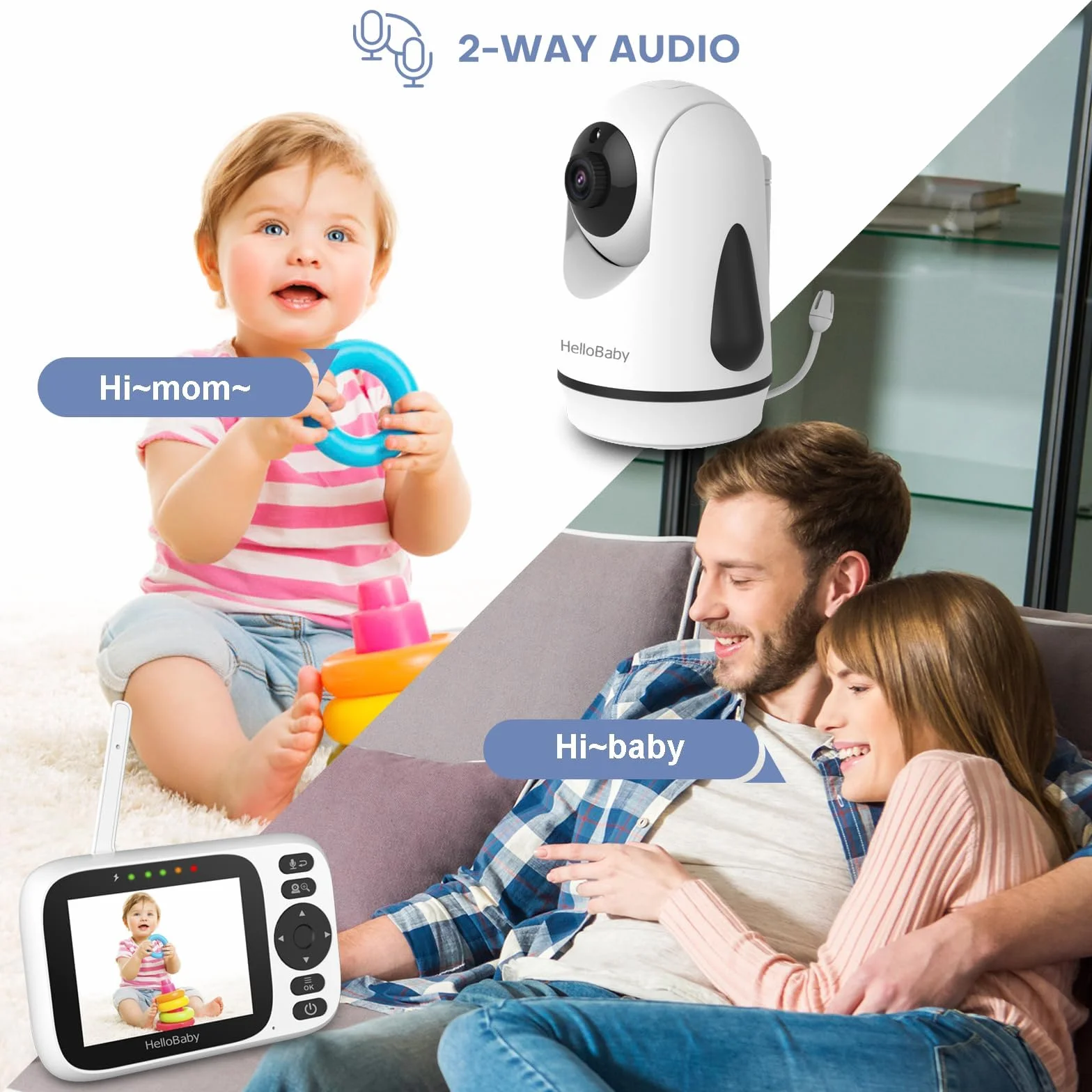 HelloBaby Baby Monitor 3.2" Telecamera Rotante 320° Visione Notturna ECO Rilevamento Temperatura Interfono Bidirezionale Ninna Nanna