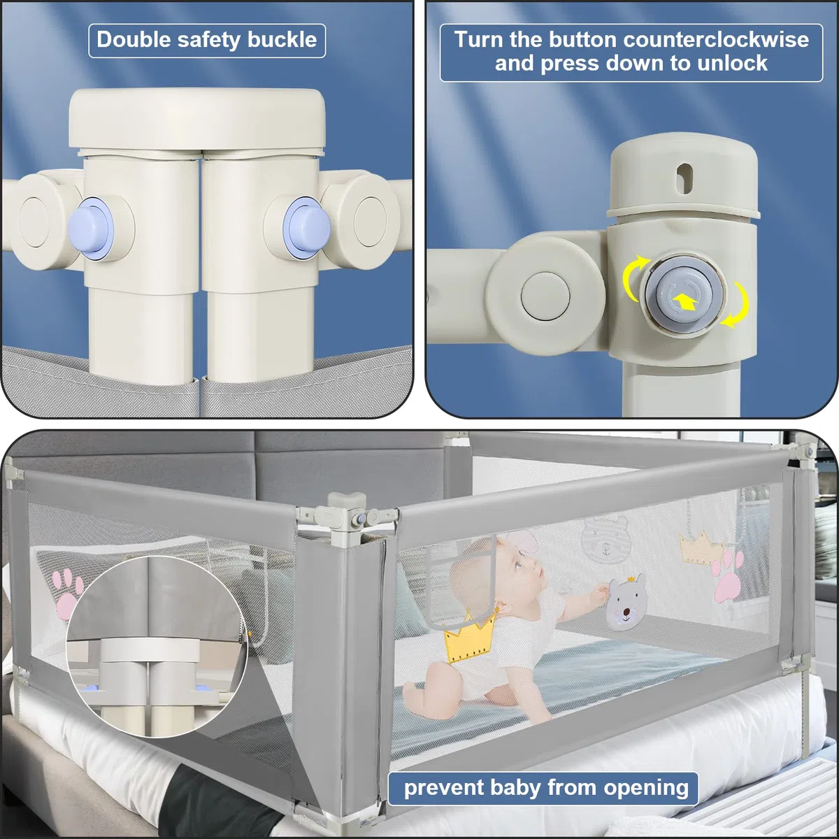 Barriera per letto 180 cm, Barriera pieghevole per letto per bambini, Protezione per letto per bambini per prevenire le cadute, Barriera per bambini piccoli, Facile da montare, Grigio ricamato