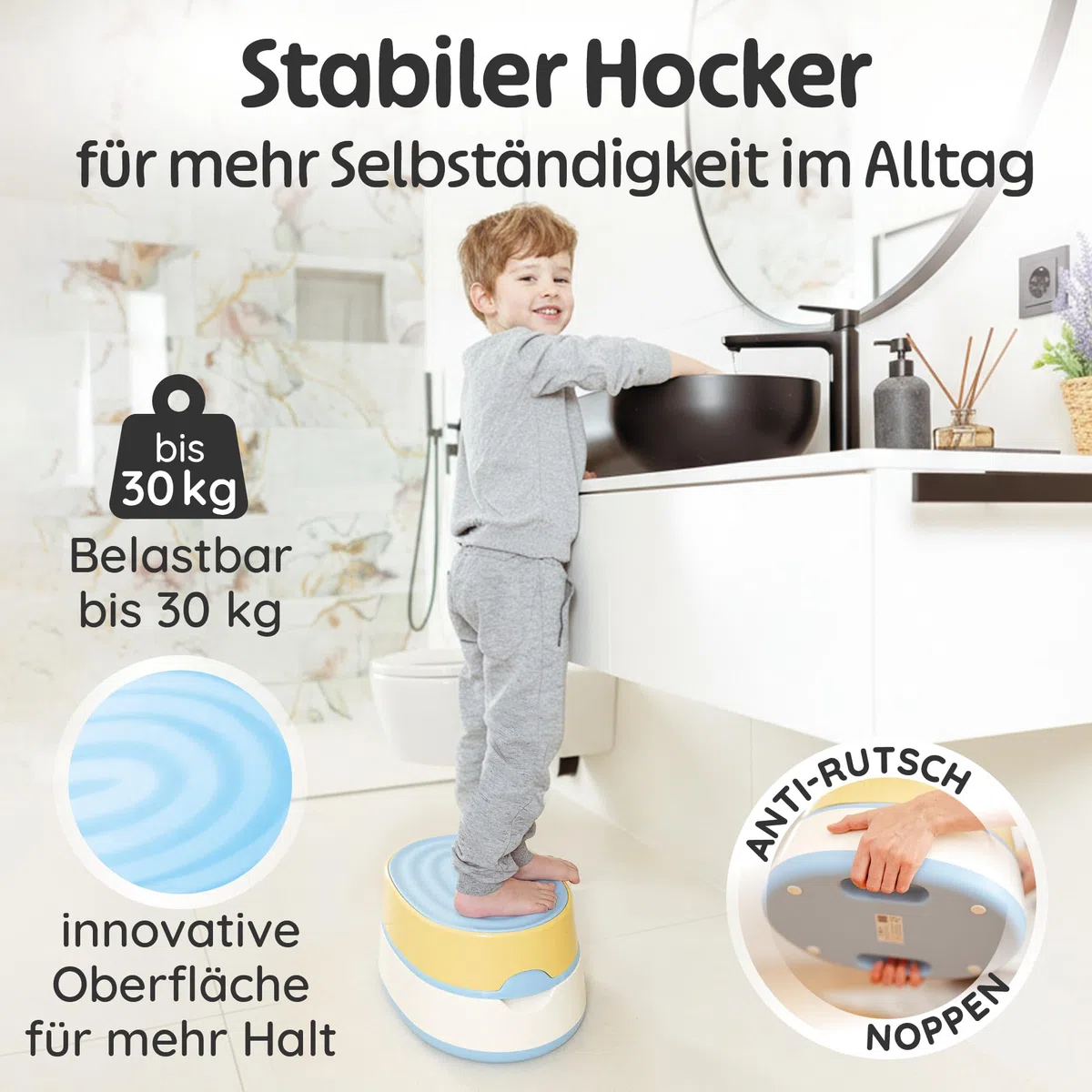 Merle Toys Vasino 3 in 1 per bambini, WC testato TÜV, senza BPA, per bambini a partire da 1 anno, WC per bambini + sgabello, Easy Cleaning, blu/giallo