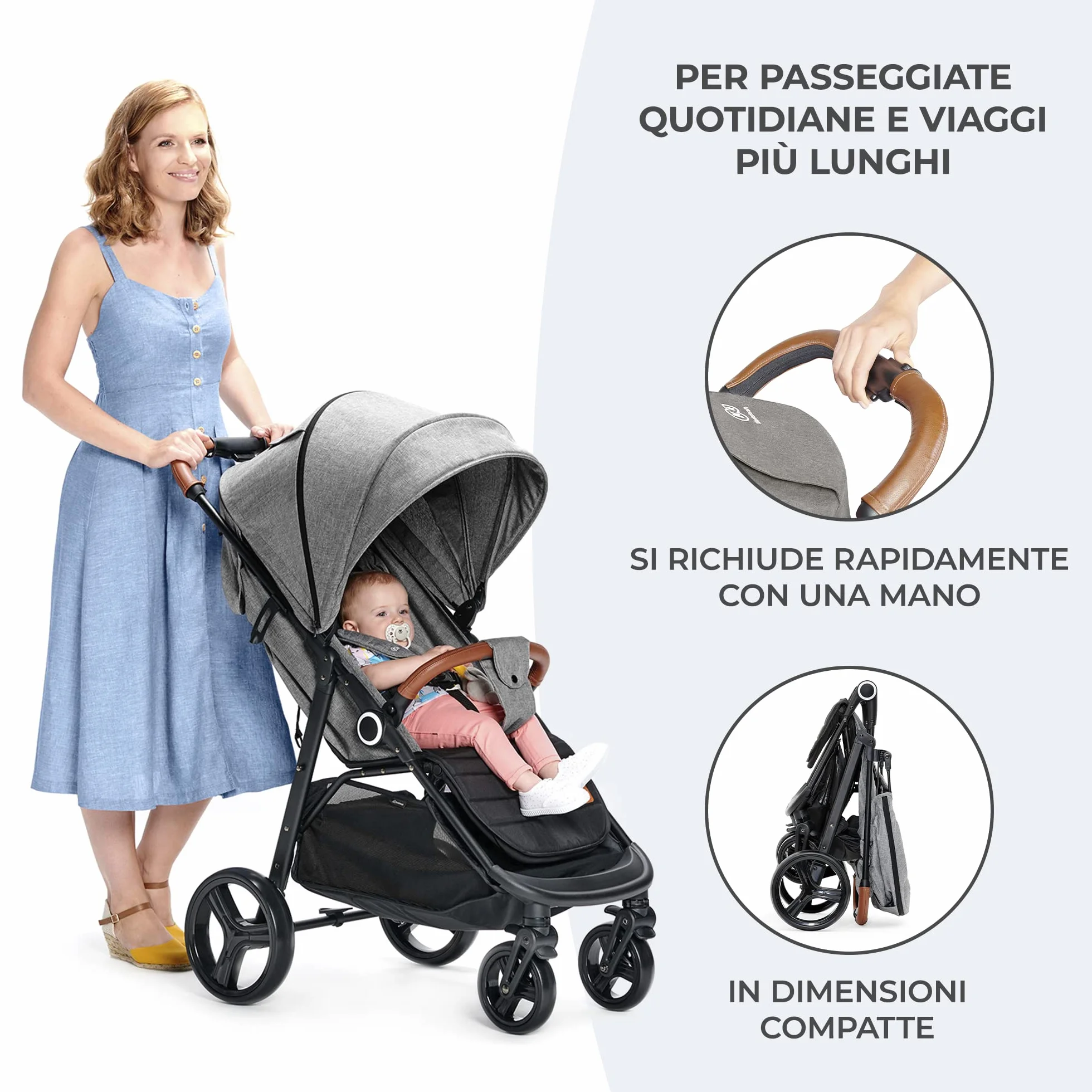 Kinderkraft GRANDE PLUS Passeggino Leggero 22 kg Pieghevole una Mano Cappottina XL Grigio