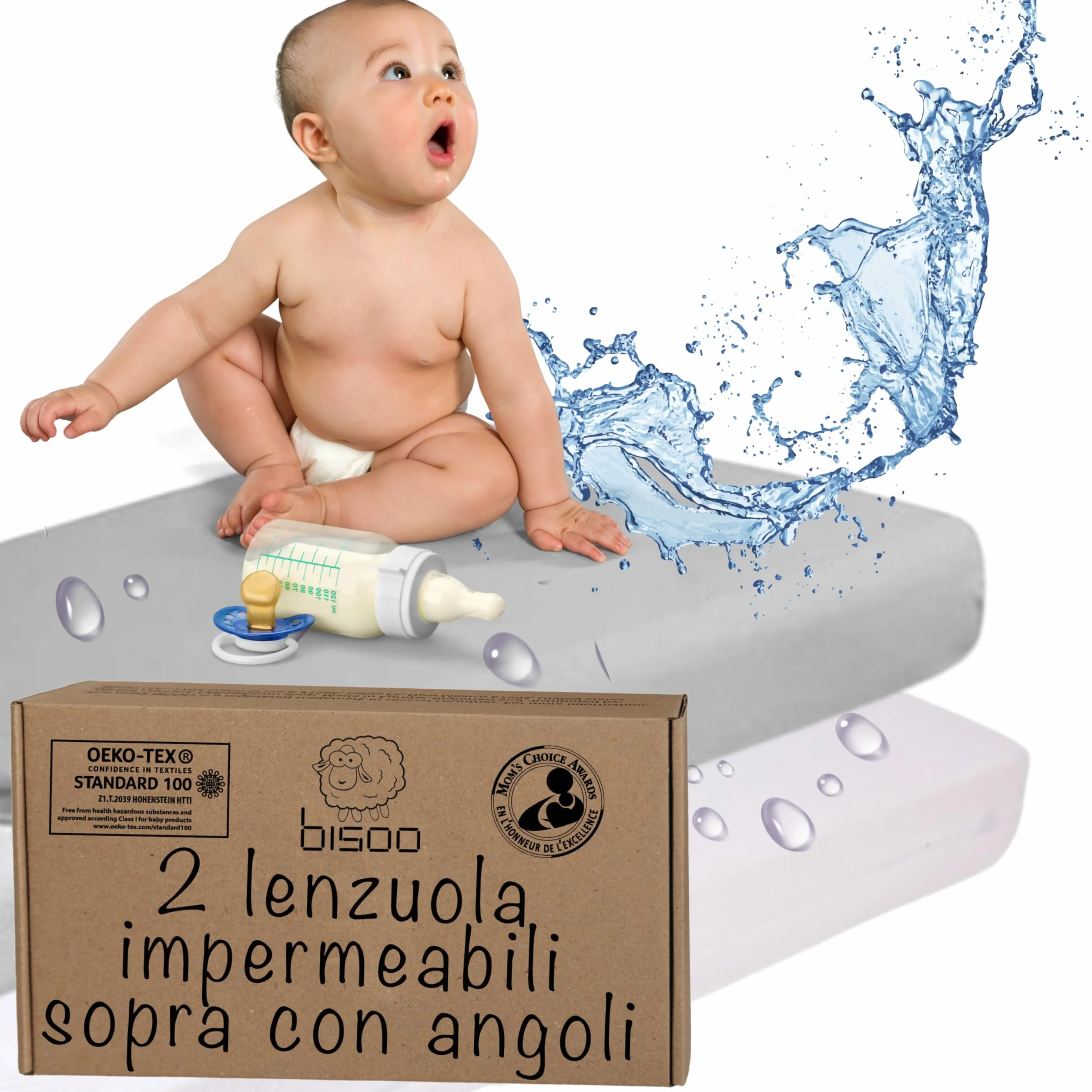 Bisoo Lenzuola Compatibili 50x83 / 50x80 - Lenzuola per Culla Impermeabili - Lenzuolo Coprimaterasso Impermeabile Angoli 100% Jersey OEKO-TEX - Set Lenzuolini 1 Bianchi e 1 Grigi