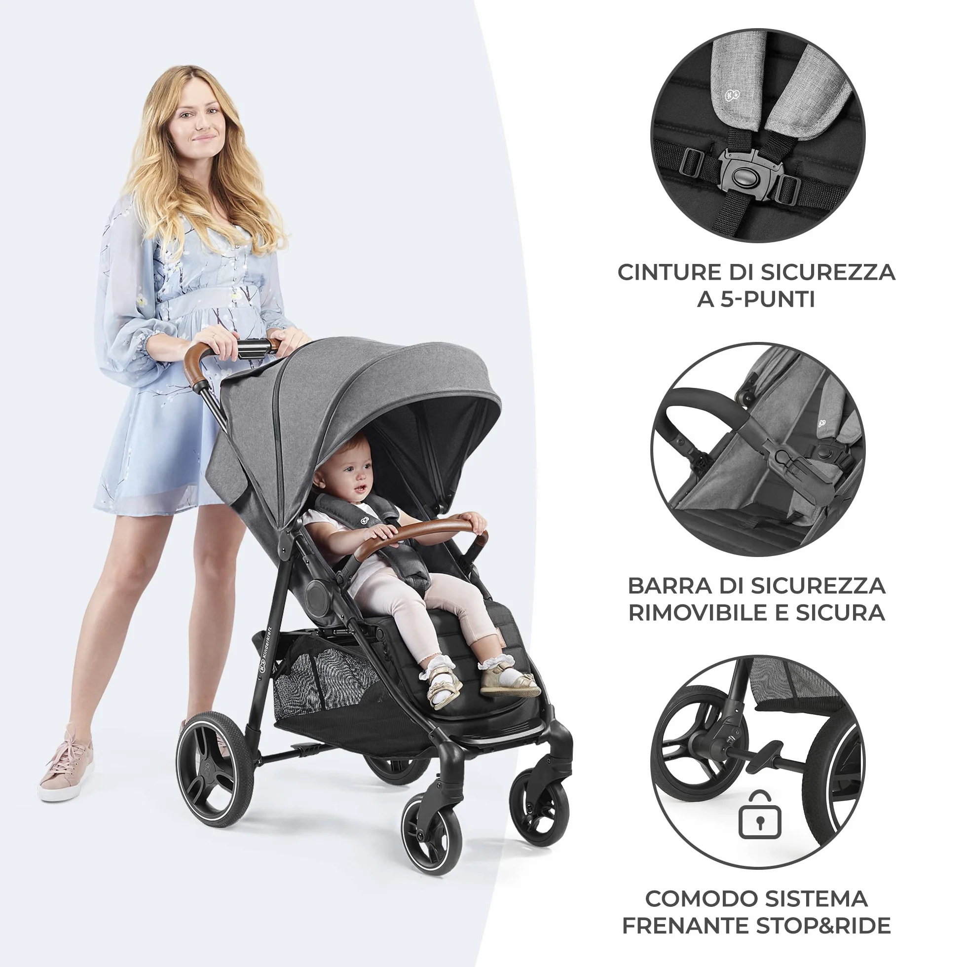 Kinderkraft GRANDE PLUS Passeggino Leggero 22 kg Pieghevole una Mano Cappottina XL Grigio