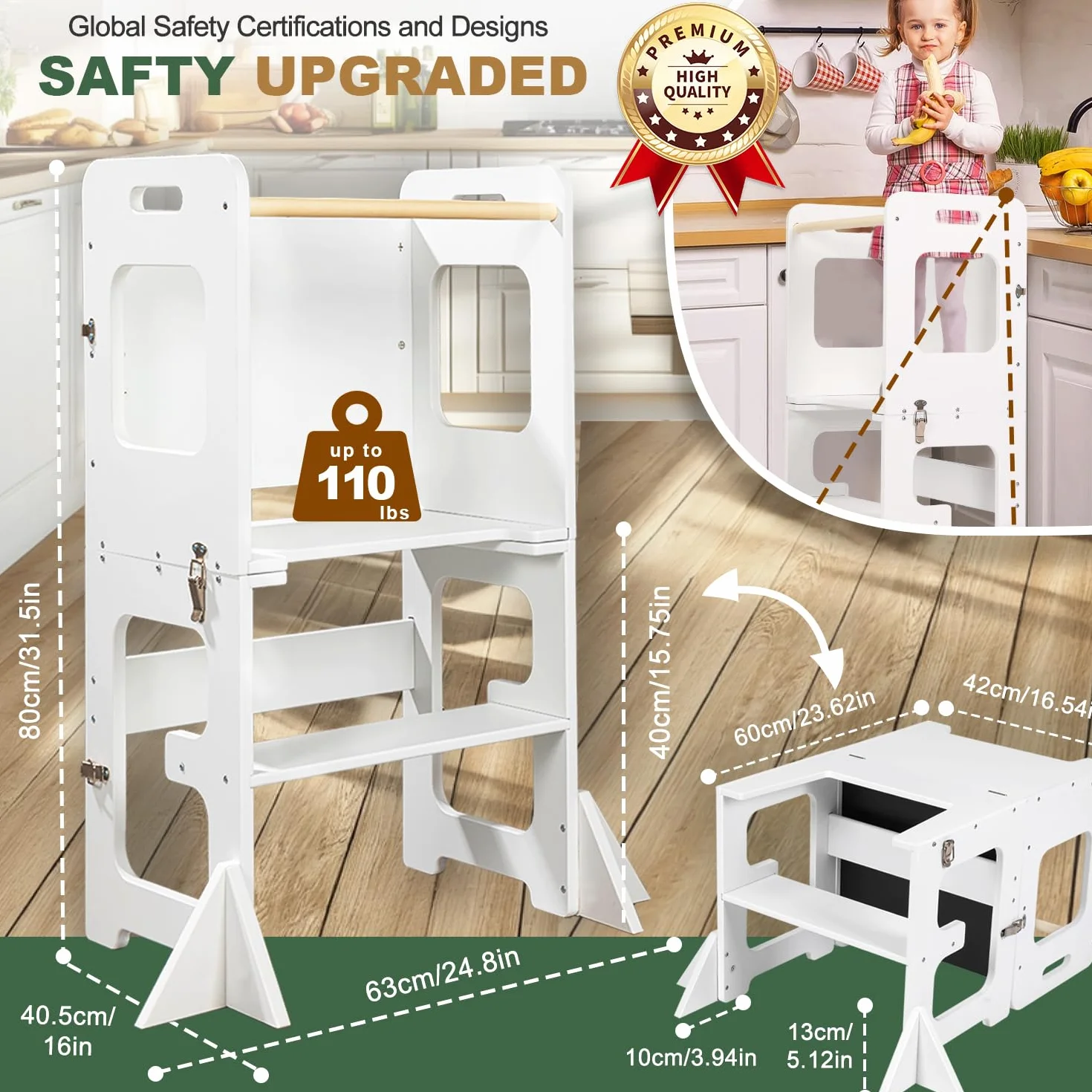 Labebe Torre Montessoriana Pieghevole 3-in-1 Apprendimento con Tavolo da Disegno Legno per Bambini 18+ Mesi Bianco