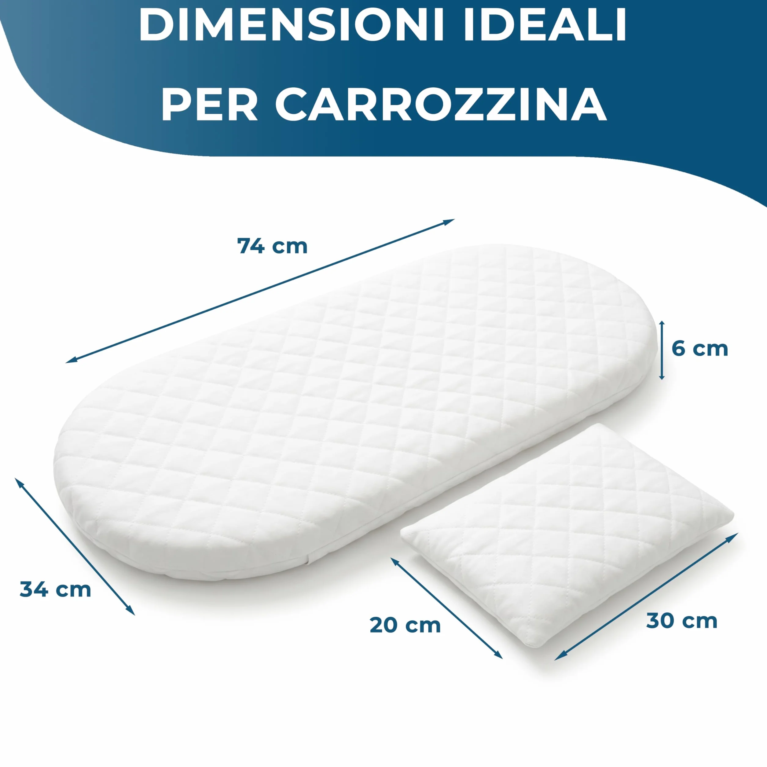 Manami® Materasso Culla e Navicella con Cuscino, Made in Italy, Cotone Trapuntato Sfoderabile, Materasso Carrozzina Traspirante per Neonato, 74x34x6 cm