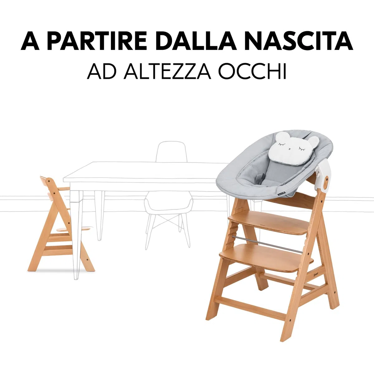 hauck Alpha Newborn Set Pre, Nature Grey - Seggiolone Pappa con Seduta Neonato dalla Nascita e Sedia Evolutiva in Legno di Faggio fino a 90 kg con Cintura Spartigambe e 5 Punti, Barra Protettiva