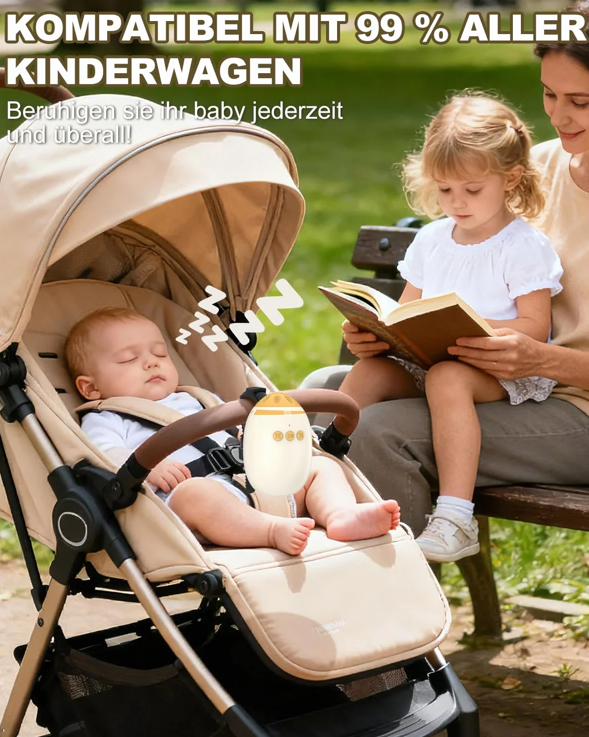 Passeggino con rumore bianco, vibratore per passeggino con 11 suoni rilassanti, supporto per dormire ricaricabile, regolazione continua, funzione portatile e Bluetooth per passeggini e passeggini