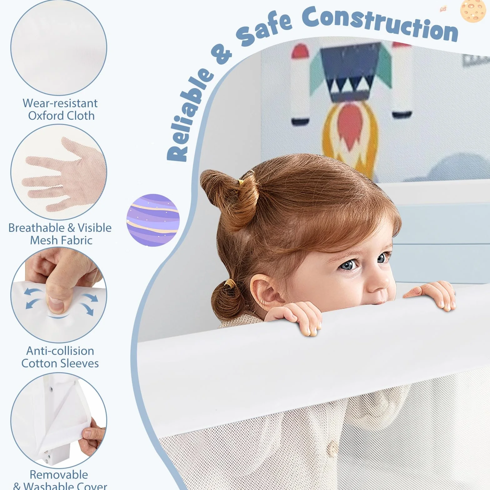 LIFEZEAL Sponda Letto Pieghevole, Sponda Letto di Sicurezza per Bambini in Tessuto Oxford e PP, Sponda Letto per Bambini 120x42,5 CM, Protezione Anticaduta (Bianco)