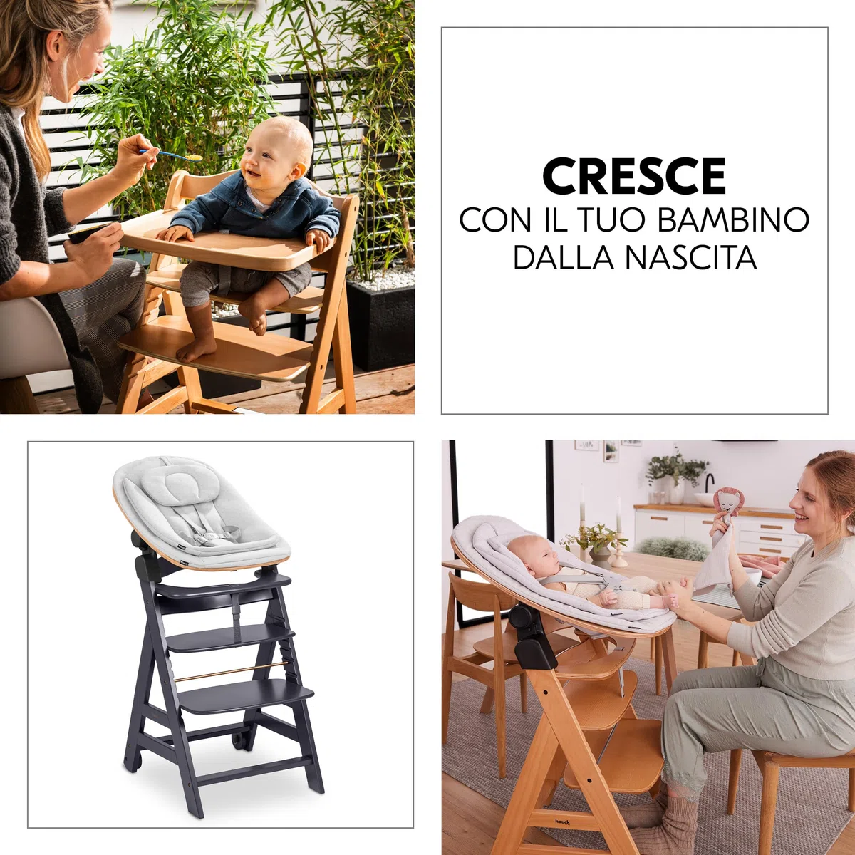 hauck Seggiolone Beta+ Newborn Set Eco Bouncer - Sediolone Pappa Bimbi in Legno Da 0 Mesi con Sdraietta Neonati Dondolo, Cuscino e Vassoio - (Grigio scuro)