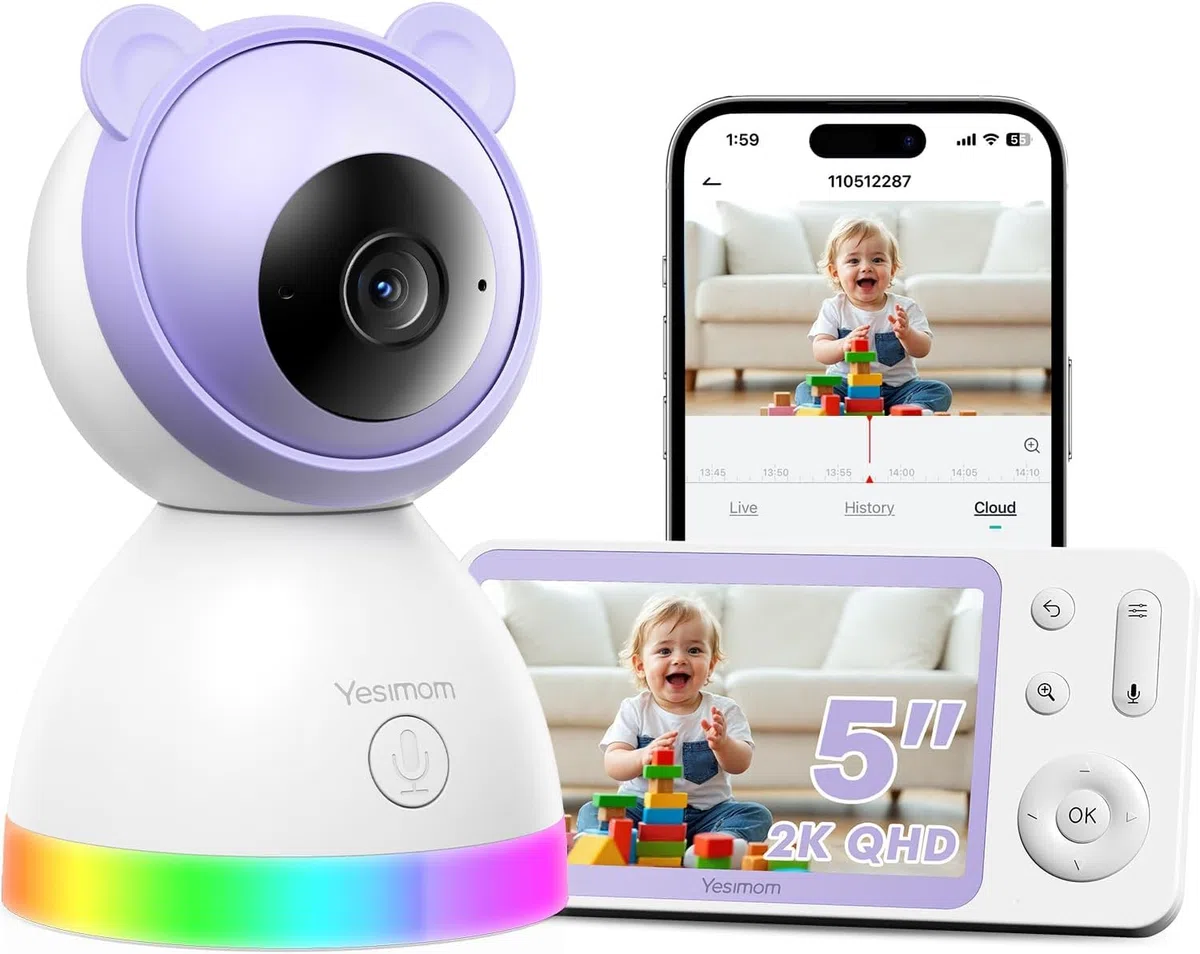 Baby Monitor con Telecamera 2K e Monitor 5'', Doppio Controllo tramite Monitor e App, Connessione Senza WiFi fino a 300m, WiFi 2.4G, Visione Notturna a Colori, IR Invisibile 940nm, Cloud/SD