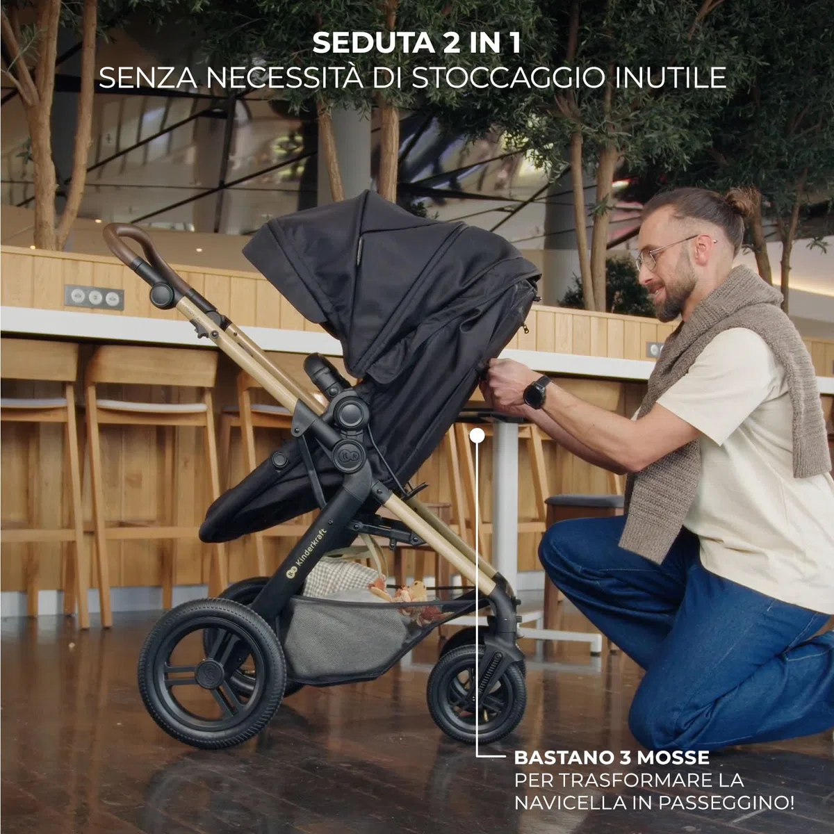 Kinderkraft MOOV XL 3 in 1, Passeggino fino a 27 kg, Carrozzina, Con Seduta I-SIZE 40-75 cm, Pieghevole, Ammortizzatore, Convertibile, Navicella XL, Con Accessori, Grigio Chiaro