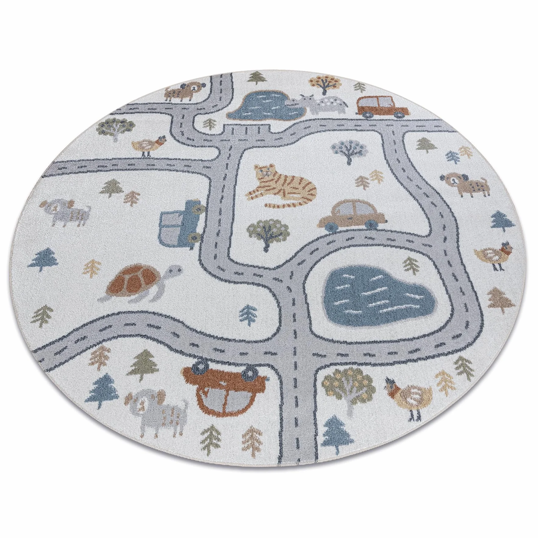 rugsx Tappeto bambini BONO 8283 Per la stanza del bambino, tappeti da gioco, camera dei bambini, Strada, animali, crema/grigio chiaro, cerchio 100 cm