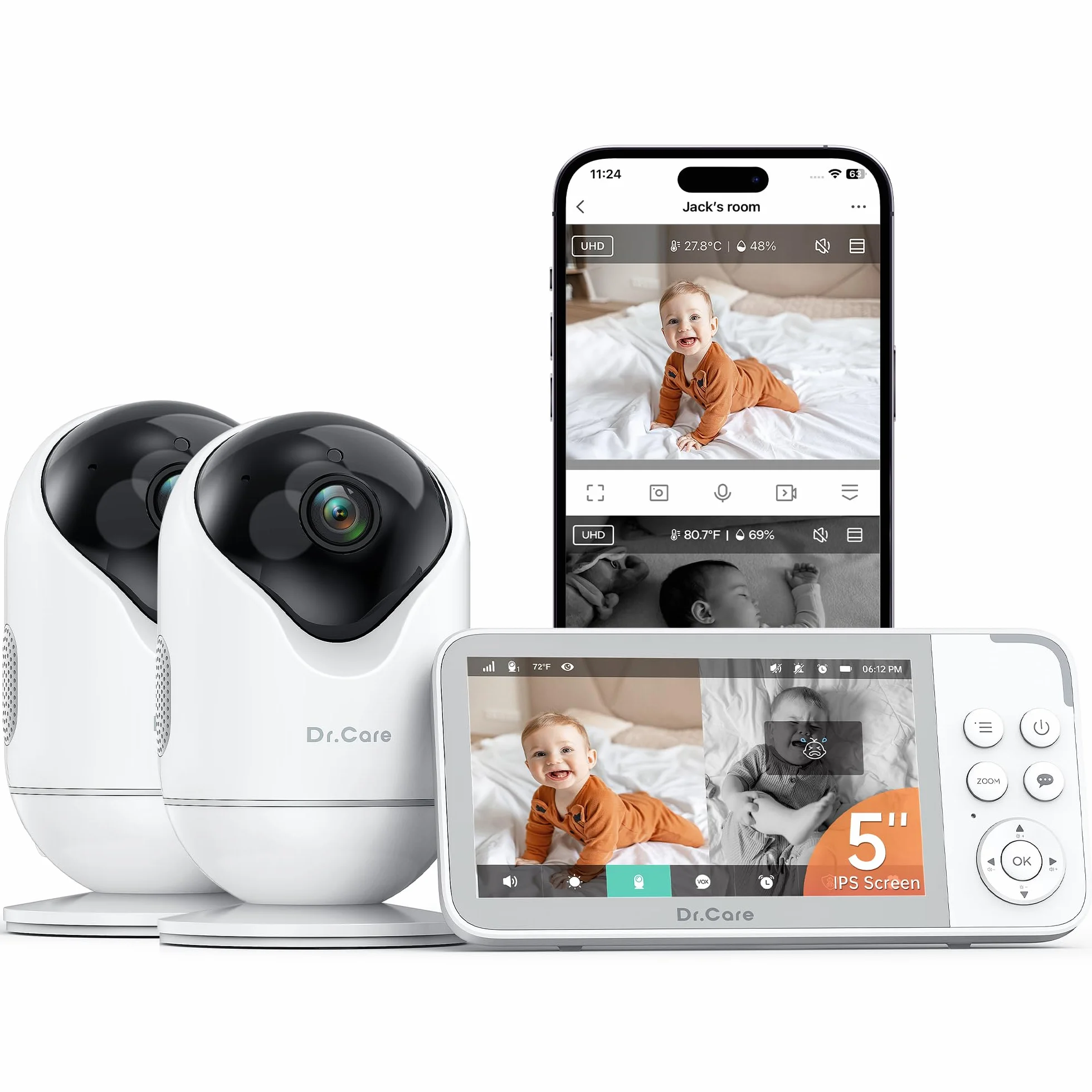 Dr.Care VistaView Baby Monitor WiFi 1080P Schermo Diviso 2K/3MP Telecamera Bambini APP Mobile 5000mAh Batteria Visione Notturna Allarmi Pianto Movimento 5"