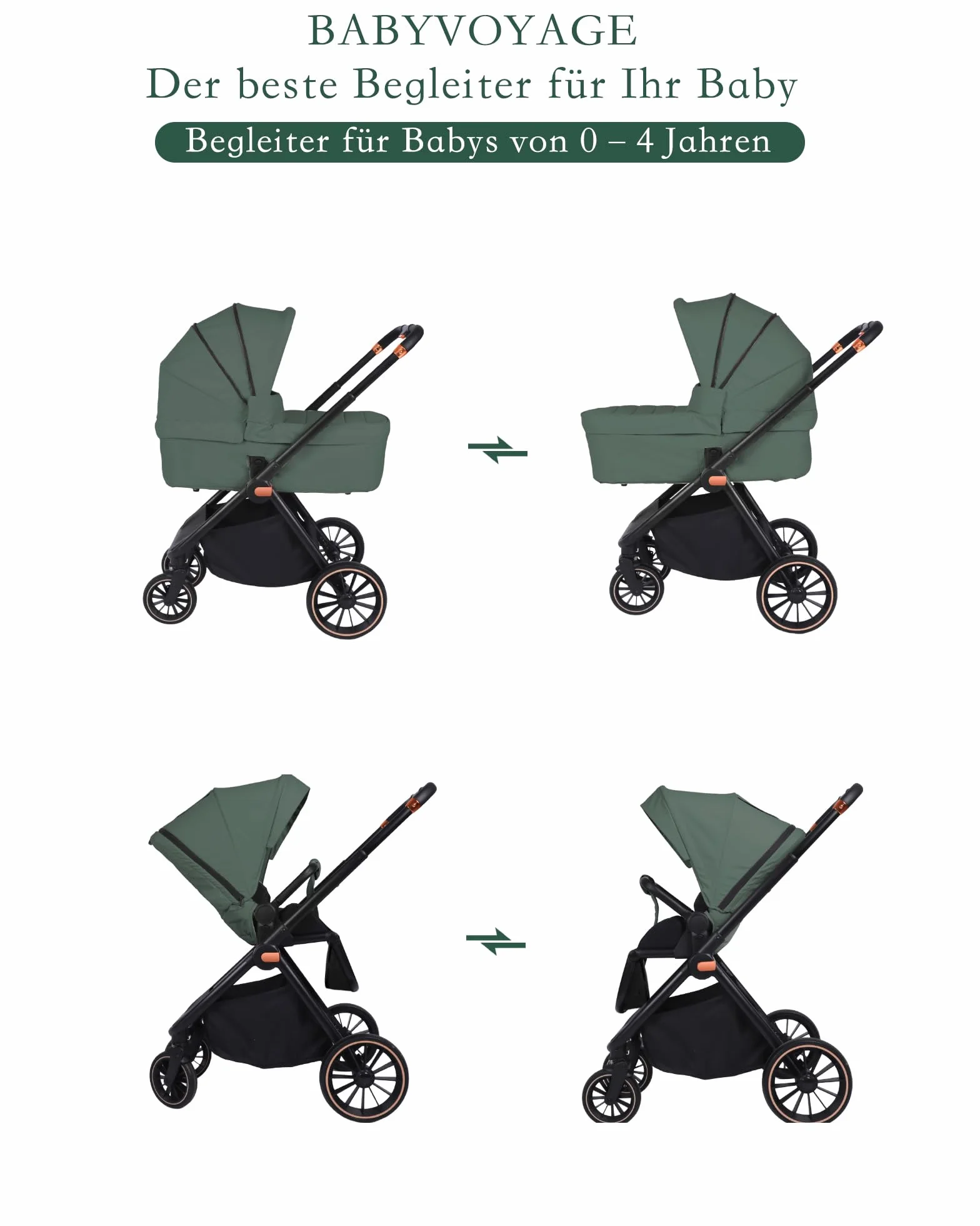 Passeggino 2 in 1 Reversibile 360° Chiusura Veloce Fronte Mamma 0-48 Mesi 26 kg Verde