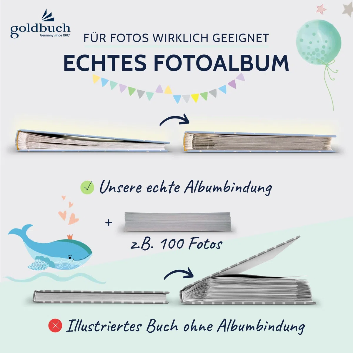 goldbuch 15 395 Blue Whale - Album fotografico per neonati, 30 x 31 x 4 cm, 58 pagine bianche e 4 pagine illustrate, copertina in stampa con motivo balena, album, album fotografico, colore: Beige/Blu